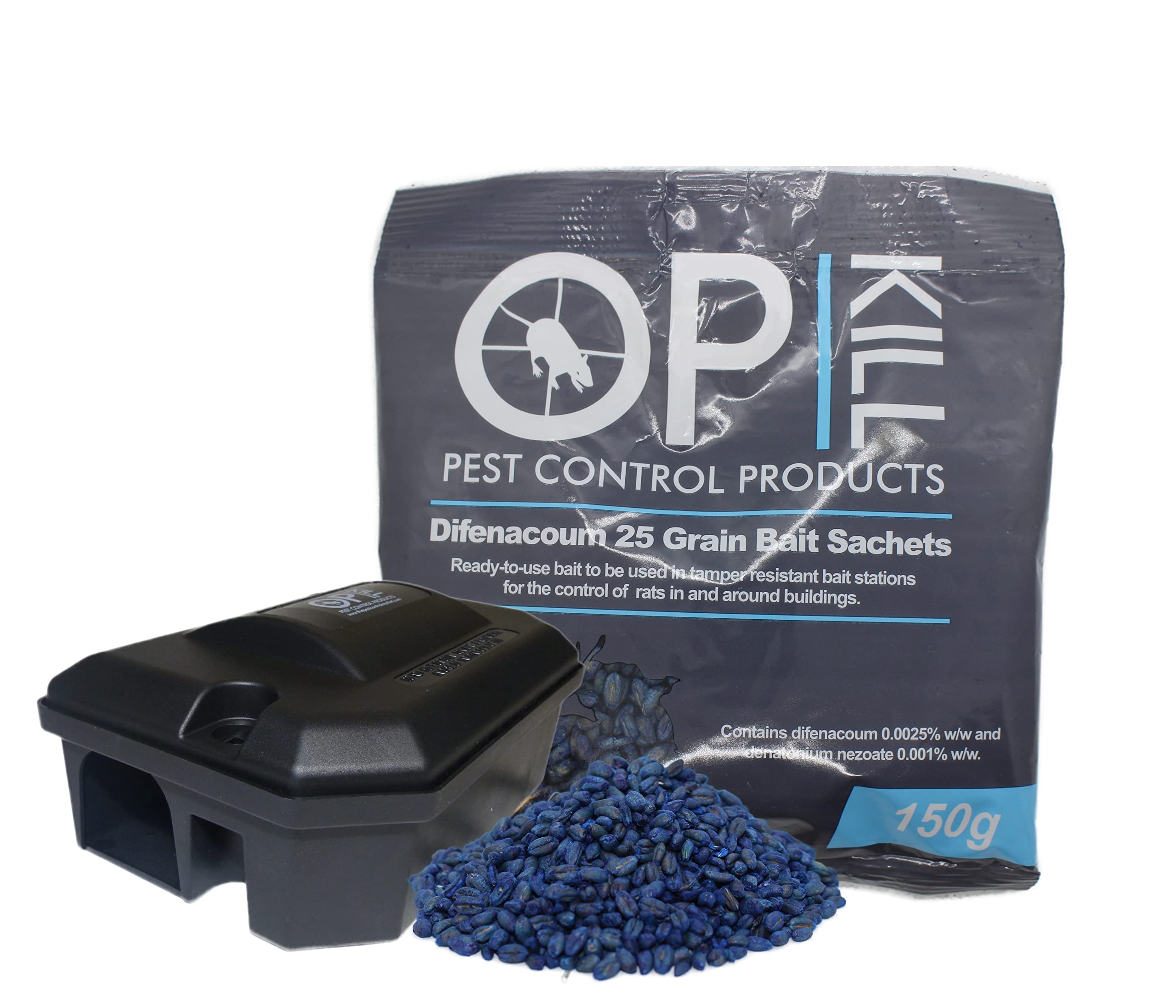 Opkill Rat & Mouse Grain Bait (1 x150g) & Lockable Bait Box Fast Acting, All Weather, Multi Feed Bait Sachet | Strongest Maximum Strength Grain For Pest Control
