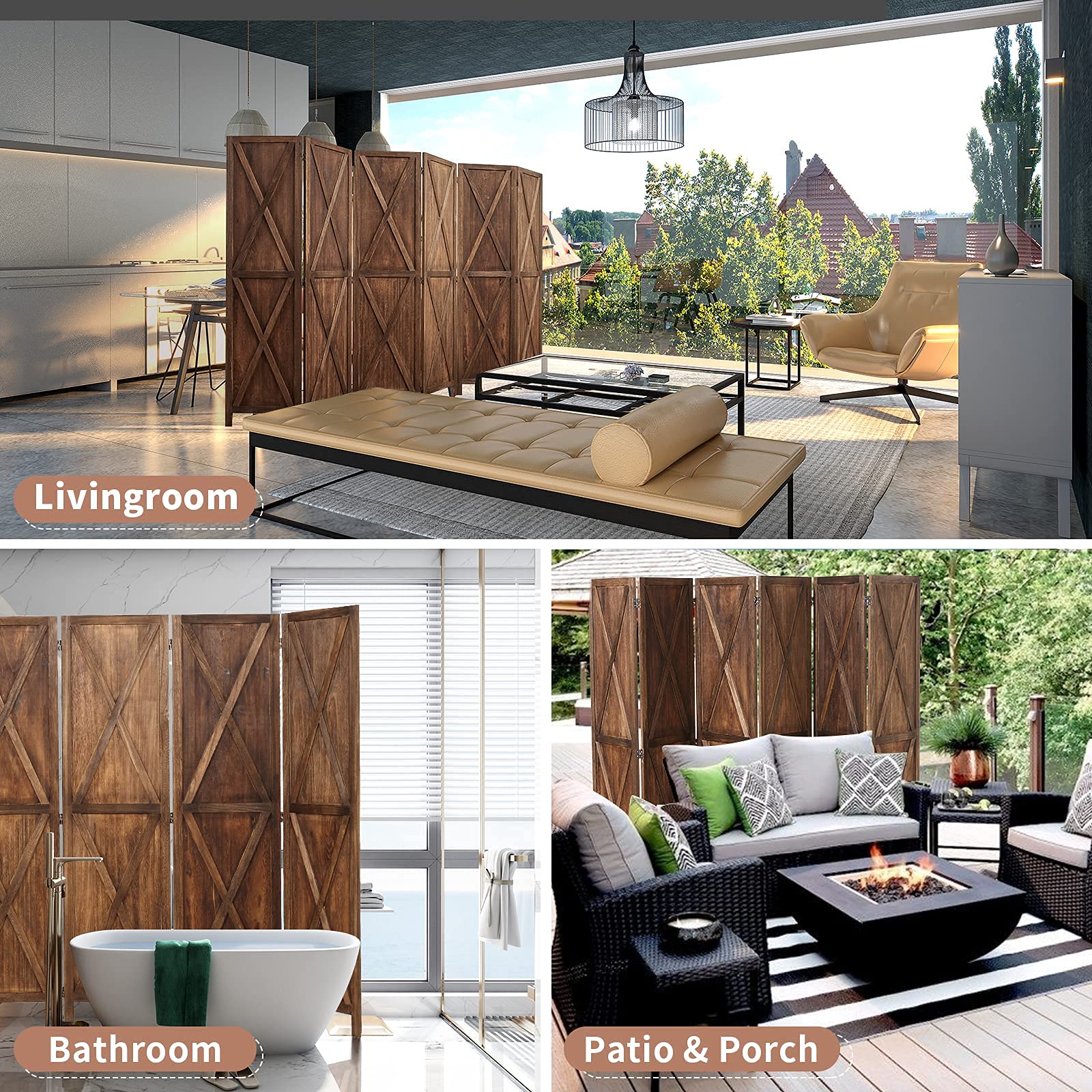 Vicluke 6 Panels Wood Room Divider with 360 Degree Hinges, 5.6 FT Tall