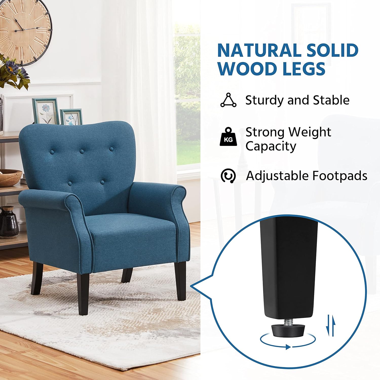 Topeakmart Fabric Accent Chair, Modern Polyester Armchair with Wooden Legs, High Back and Comfortable Cushioned Seat for Living Room Bedroom Navy Blue