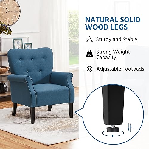 Miniatura 7 de Topeakmart Silla decorativa de tela, sillón moderno de poliéster con patas de madera, respaldo alto y cómodo asiento acolchado para sala de estar,