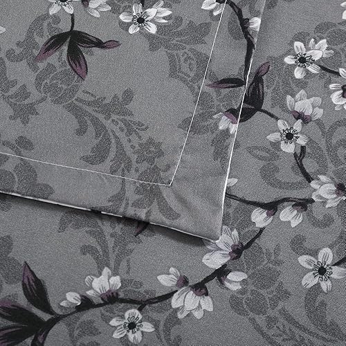 Miniatura 13 de Juego de funda de edredón suave tamaño King con cierre de cremallera y lazos en las esquinas, diseño de patrón floral de flores/ramas, juego de cama