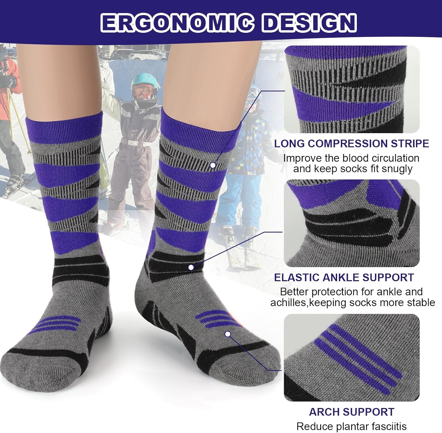 Winter Warm Kids Ski Socks - 2 Pairs Merino Wool Thermal Skiing Socks for Boys, Girls, Youth, Toddlers - Image 5