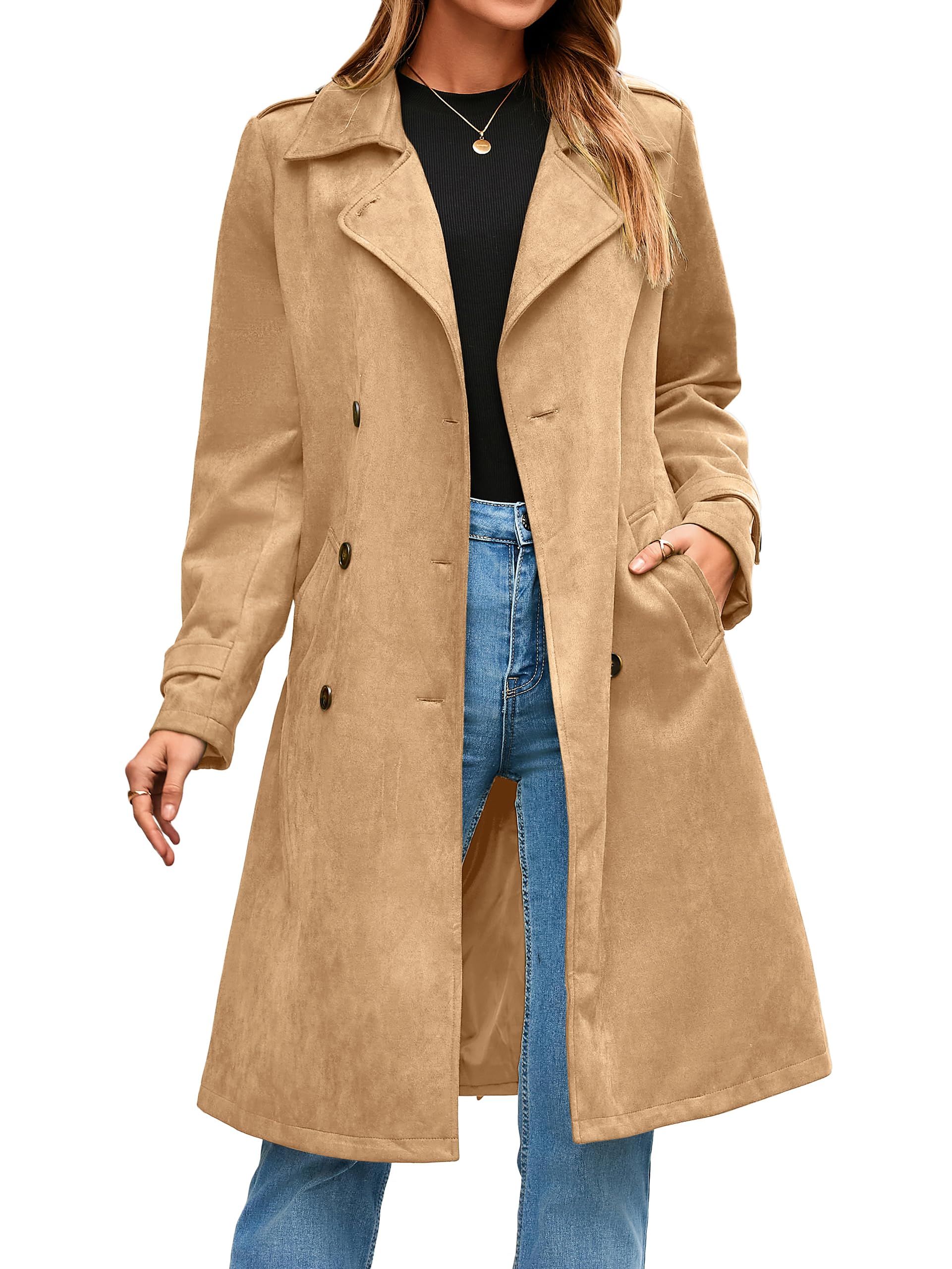 Simplee Womens Long Trench Coat Fall Winter Double Breasted Classic Lapel Slim Work Office Suede Overcoat with Belt