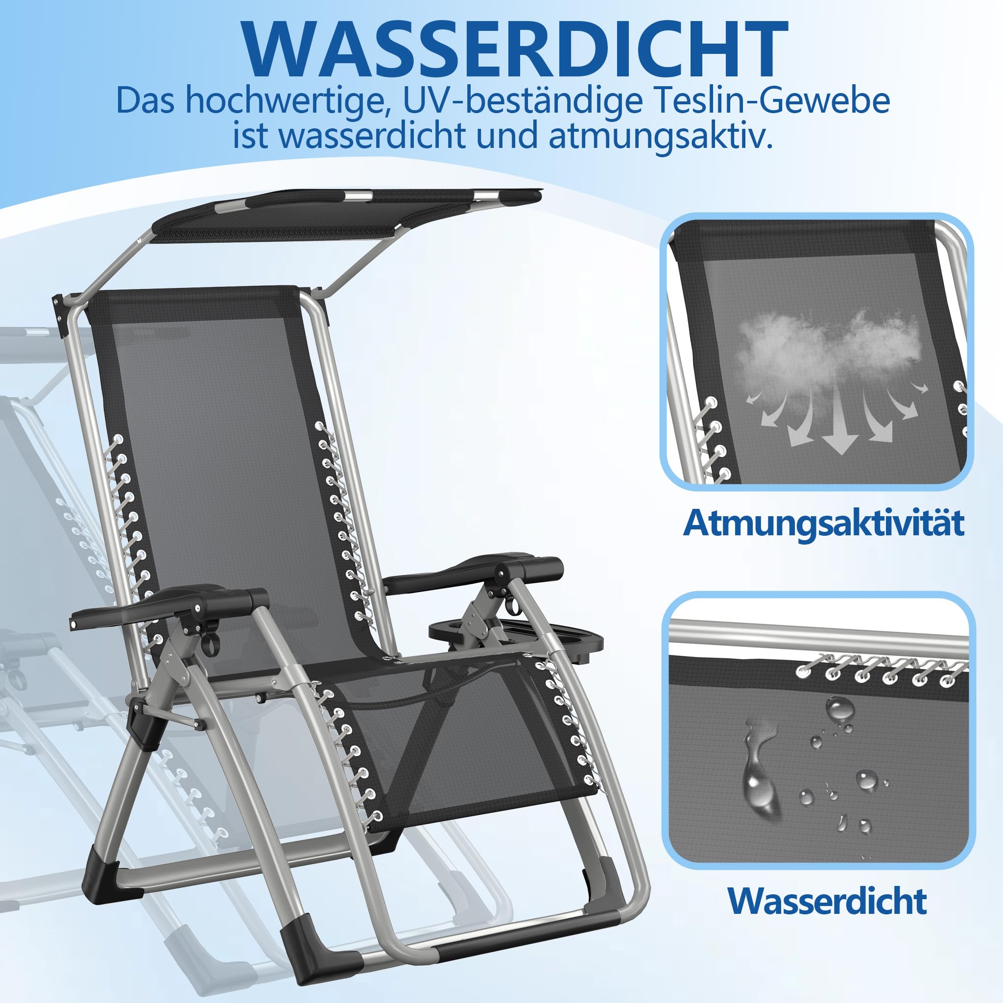 LZQ Sonnenliege klappbar mit Dach Gartenliege mit Kissen & Getränkehalter, ergonomischer Liegestuhl mit verstellbare Rückenlehne, Belastbar 160 kg, Outdoor Relaxliege für Garten Terrasse, Beige