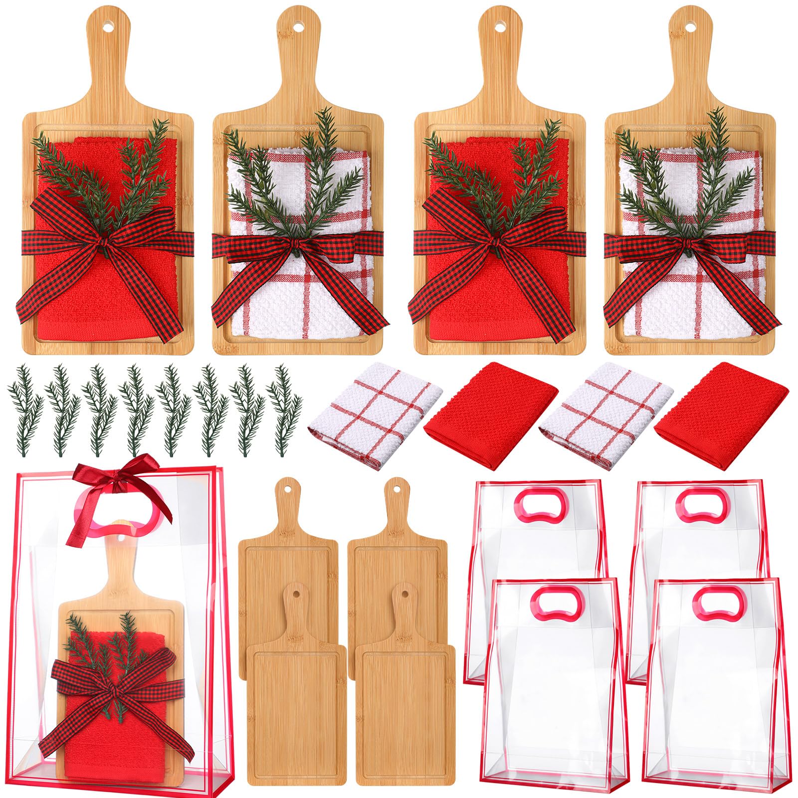 Suclain Käsebrett-Geschenk-Set für Damen, Weihnachtsgeschenk, Bambus-Käsebrett mit Geschenktüten, Waffelmuster, kariertes Band, Weihnachtsgeschenke für Festival, Brautparty, 4-teiliges Set, 21-teilig
