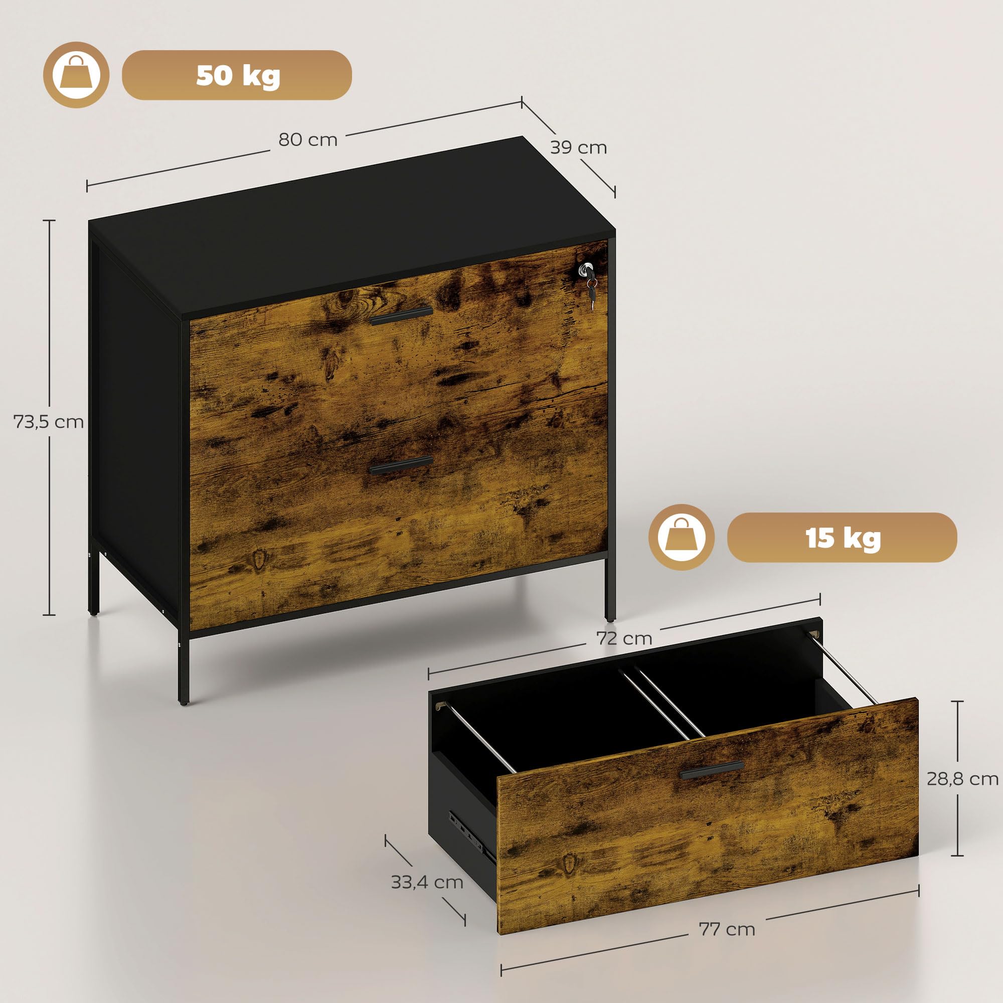 HOMCOM Cassettiera da ufficio industriale con 2 cassetti e serratura cassetto per raccoglitori con cartelle sospese, dimensioni A4, 80 x 39 x 73,5 cm, marrone