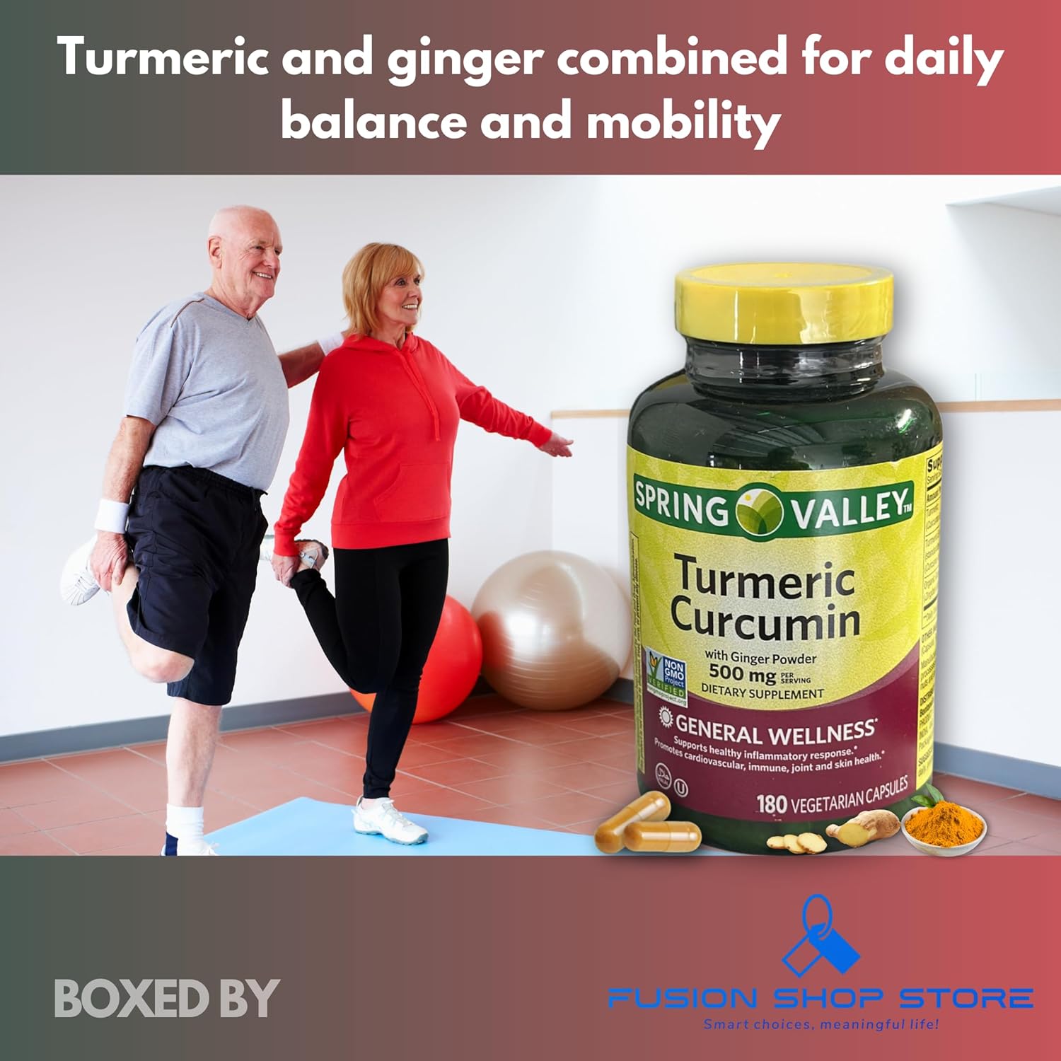 Turmeric Curcumin with Ginger Powder- 500mg Vegetarian Capsules, 180ct (Pack of 2), Boxed by Fusion Shop Store