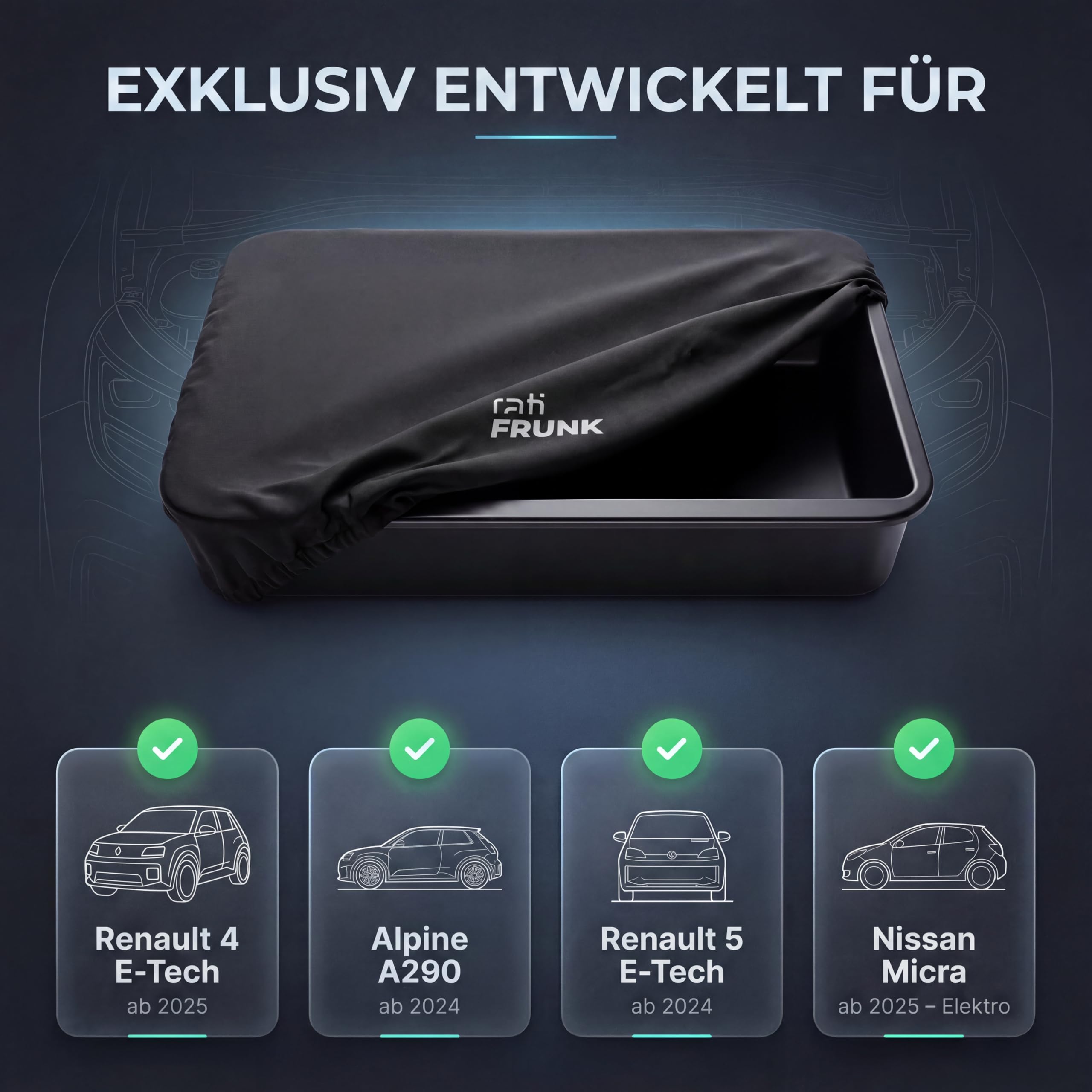 rati Frunk kompatibel für Renault 4 E-Tech 2025- / 5 E-Tech 2024- / Nissan Micra 2025- / Alpine A290 2024- | Erweiterter Front-Stauraum. Perfekt für Ladekabel & Zubehör. Hervorragende Passgenauigkeit