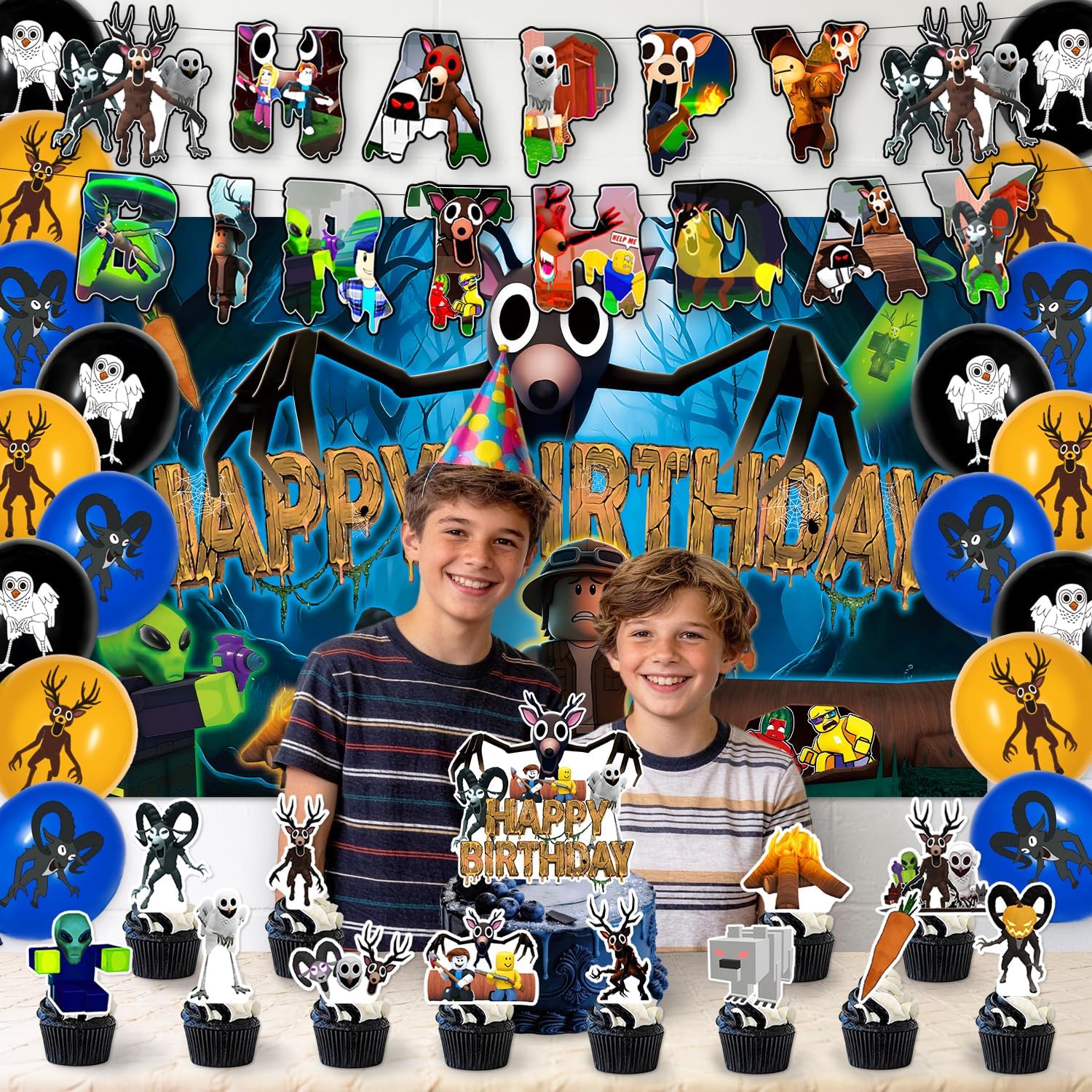 42Pack 99 Nights in the Forest Birthday Party Supplies Pack Includes，Banner，Cake Topper，Blackdrop,Balloons for 99 Nights in the Forest party supplies
