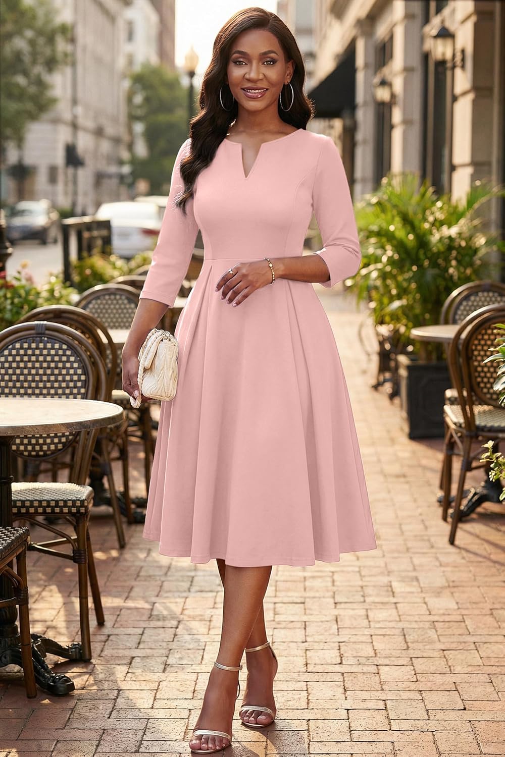 Nmoder Midi Dresses for Women - Semi Formal Fit and Flare 3/4 Sleeve V Neck A-Line Cocktail Church Work Dress with Pockets