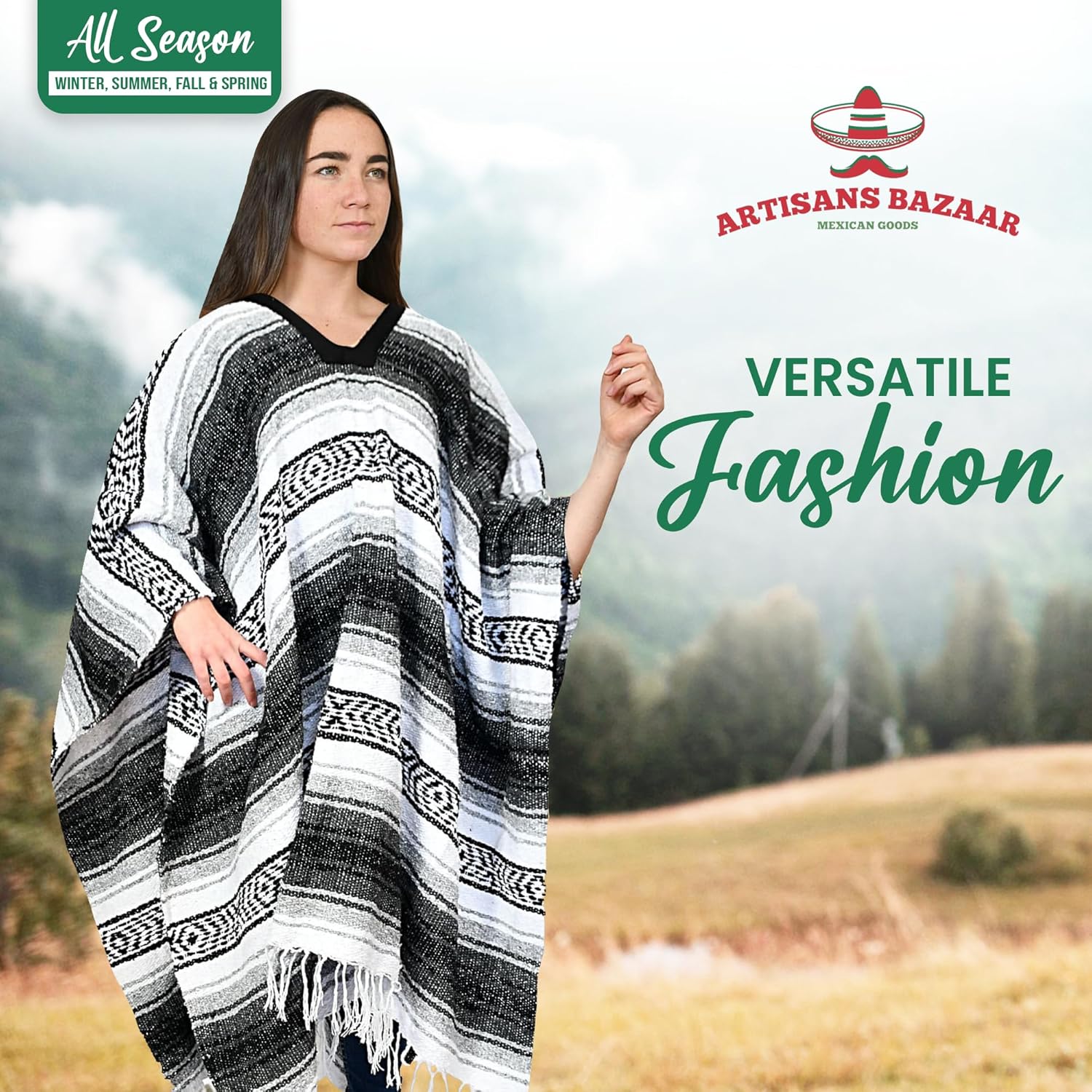 Artisans Bazaar Traditional Mexican Baja Poncho Men and Women Authentic Gaban Serape Sarape Blanket Pancho Jorongo Cowboy - Image 4