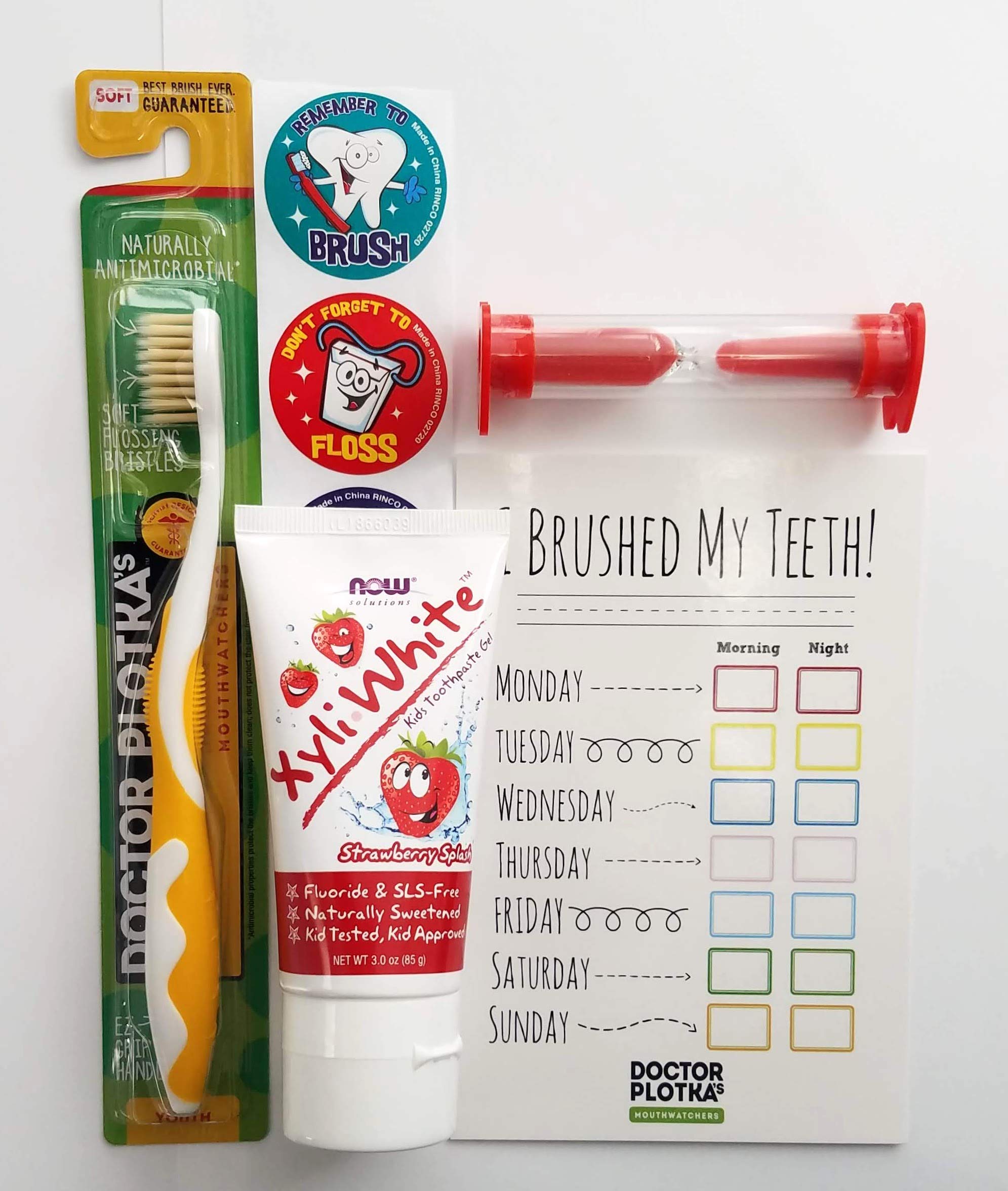 Mouthwatchers Doctor Plotka's Youth Yellow Antimicrobial Floss Bristle Silver Toothbrush, Toothpaste, Check Card, and Stickers, Children's Gift Pack