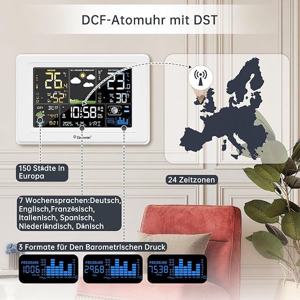 Geevon Wetterstation mit DCF Funkaußensensor, Farb VA Display, Wettervorhersage und Komfortanzeige, Sonnenaufgang/Sonnenuntergang, Schimmelanzeige, Temperaturwarnungen, Mondphase(250397 mit batterien) - 5