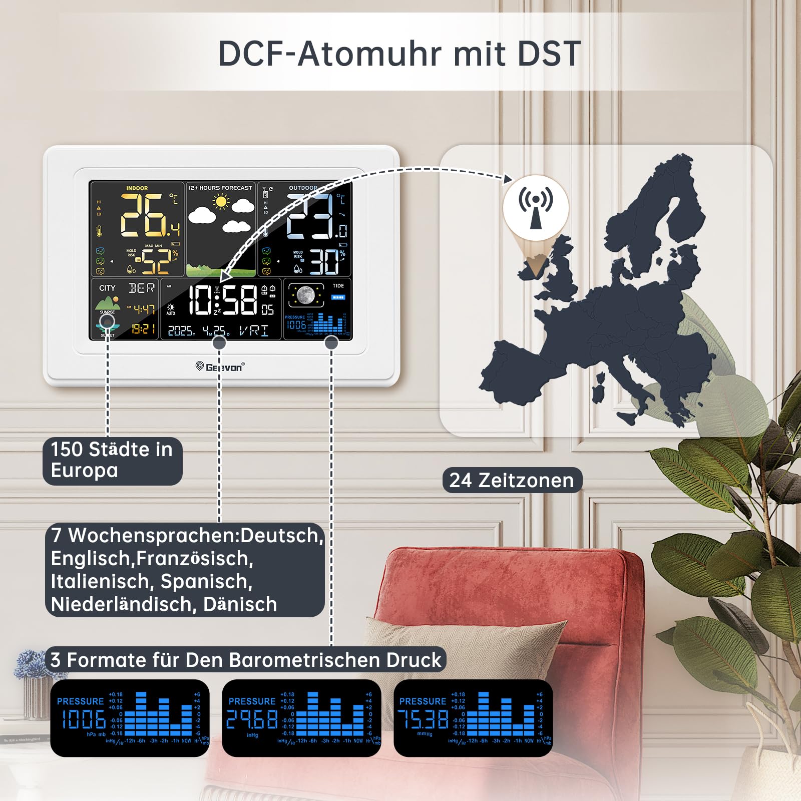 Geevon Wetterstation mit DCF Funkaußensensor, Farb VA Display, Wettervorhersage und Komfortanzeige, Sonnenaufgang/Sonnenuntergang, Schimmelanzeige, Temperaturwarnungen, Mondphase(250397 mit batterien) - 5