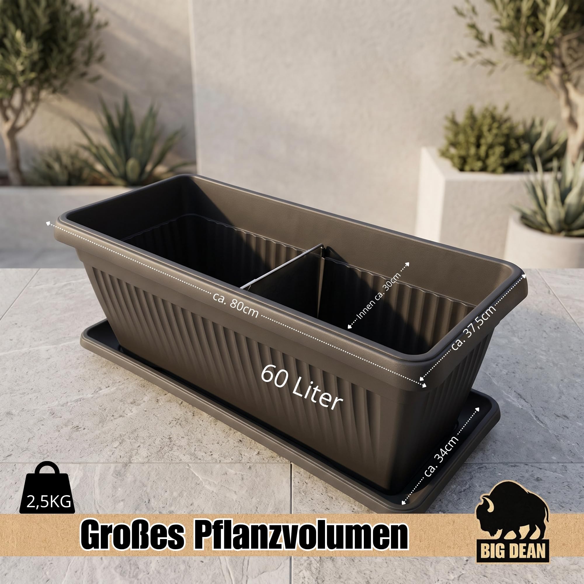 BigDean 3 Stück 60 Liter Blumenkübel Jumbo 80x37,5x30,5cm Blumenkasten | Mediterranes Design, Lieferung inkl. Untersetzer, Farbe: Anthrazit, Pflanzkübel, XXL, Blumentopf, groß