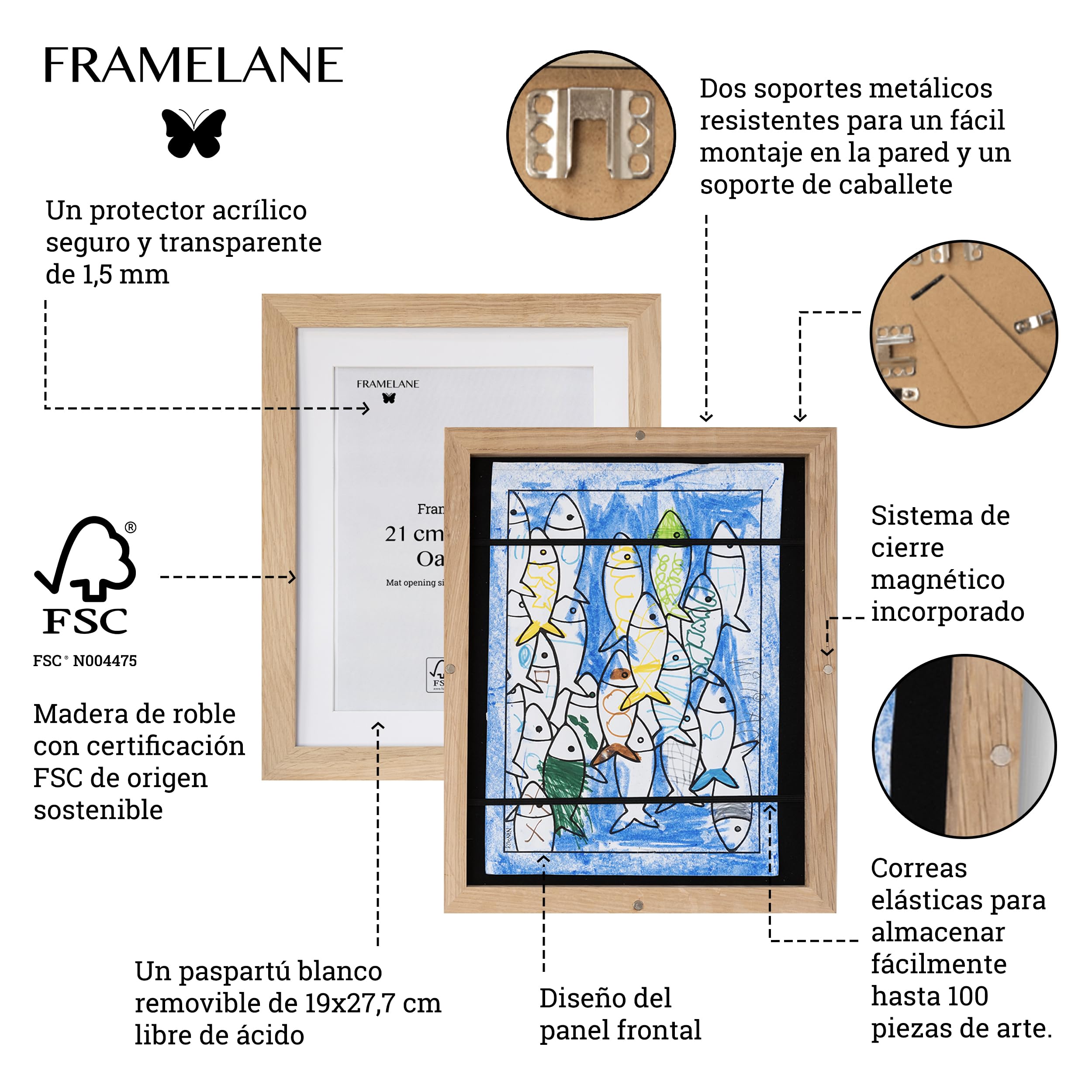 Set of 2 Cuadro Dibujos Niños A4 Natural de Roble FSC con Panel Magnético, Cintas Elásticas para 50 Obras, Ganchos Horizontales y Verticales, Marco de Arte para Niños, Incluye Passepartout