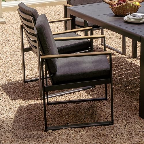 Miniatura 7 de Juego de 6 sillas de comedor para exteriores, con cojines de asiento, sillas de aluminio para muebles de exterior con reposabrazos de teca para