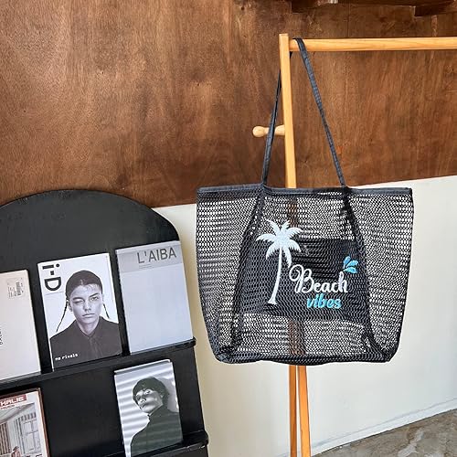 Miniatura 7 de ukia Bolsa de playa de malla, bolsas de playa de gran capacidad para mujer, bolsa de playa plegable con bolsillo con cremallera