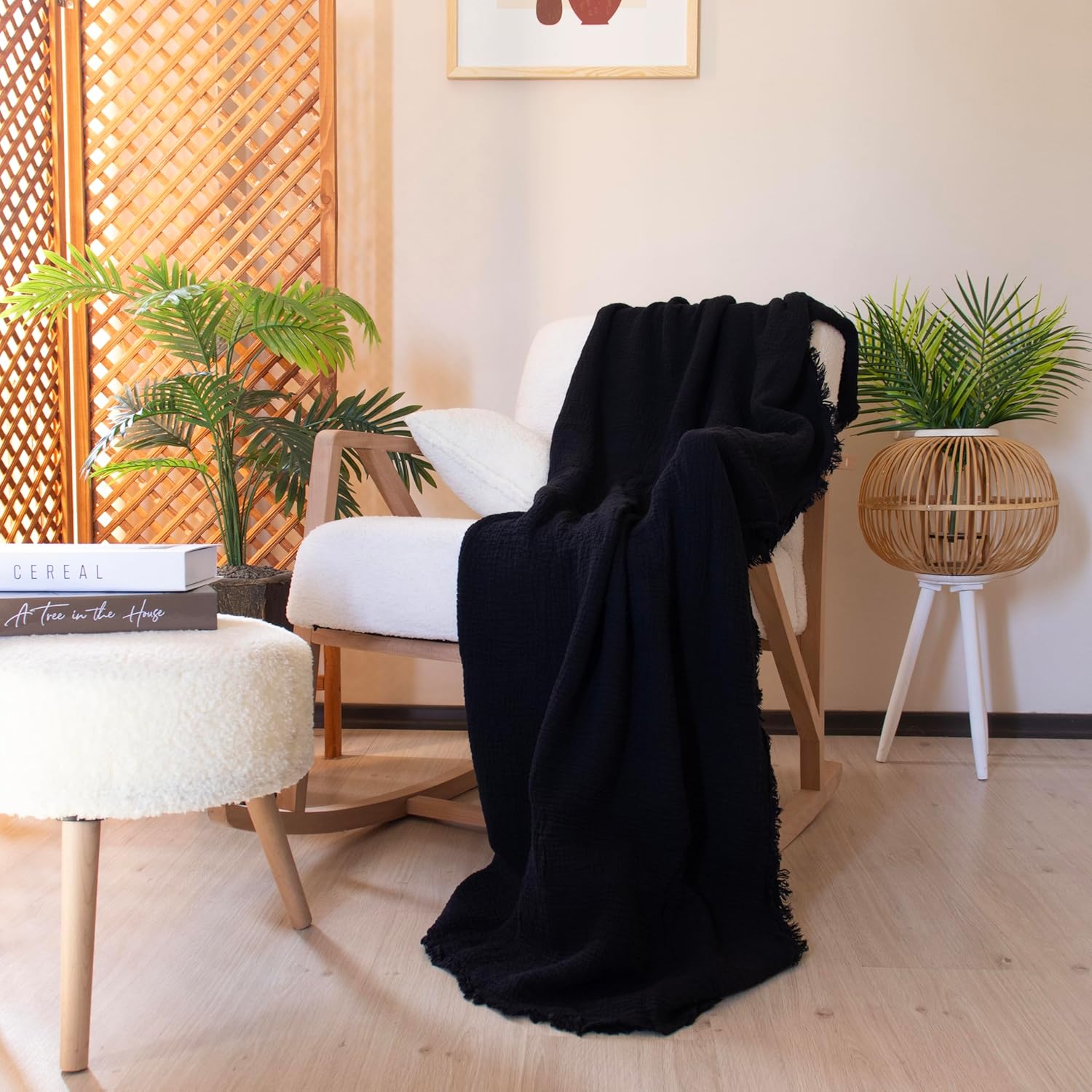 PÜSKÜL- Premium 100% Turkish Cotton Muslin Blankets Queen XL Size for Bed Couch Sofa, Airy Light Soft Gauze Throw Blanket for Adults, Made in Turkey (Black, Queen XL Size 95" x 102" inch)