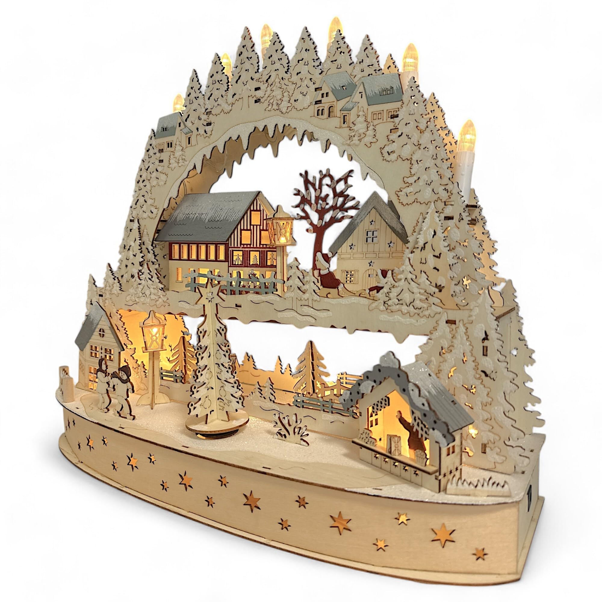 Wichtelstube-Kollektion XXL LED Schwibbogen Weihnachtsdorf, Lichterbogen mit Podest mehrere Ebenen und Bewegung Schwippbogen mit drehenden Weihnachtsbaum Echtholz