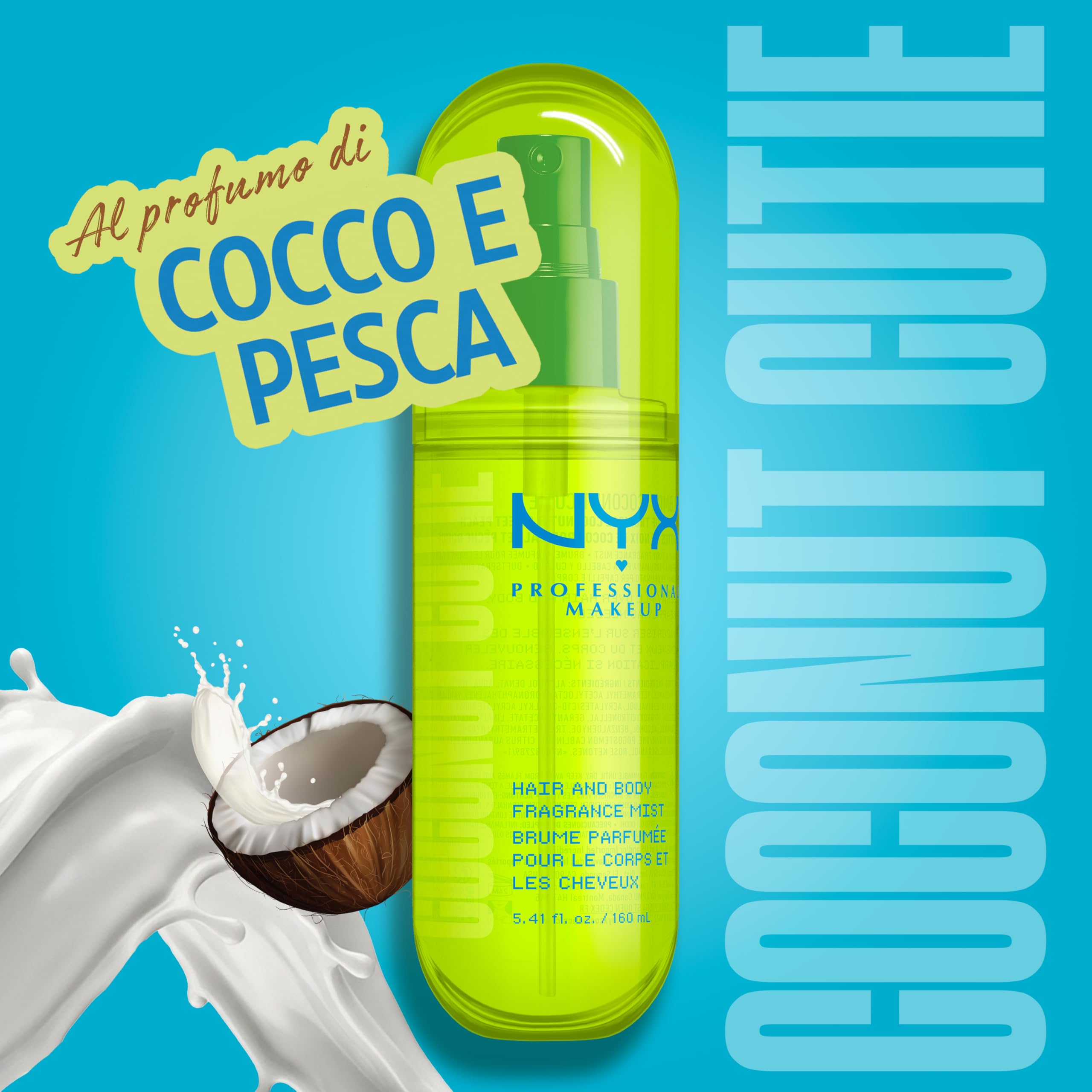 NYX Professional Makeup Fat Oil Body Mist Spray Corpo e Capelli, Fragranza Dolce, Effetto Delicato, Note di Cocco e Pesca, Coconut Cutie, 80 ml