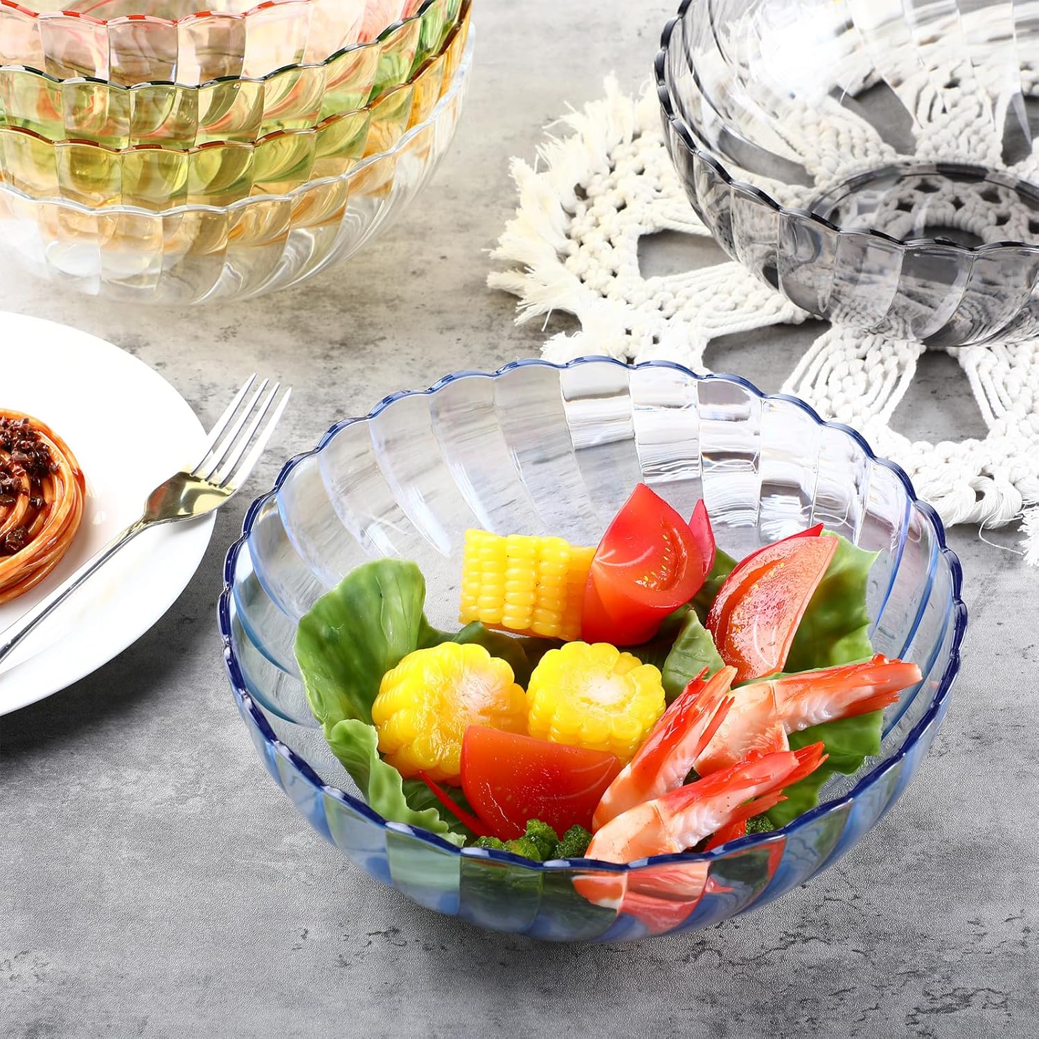 LemonRoad 6 Pack Plastic Serving Bowls Acrylic Salad Mixing Bowls Break Resistant Plastic Bowl for Vegetable Salad Fruit Popcorn Chip and Dip, Multicolor