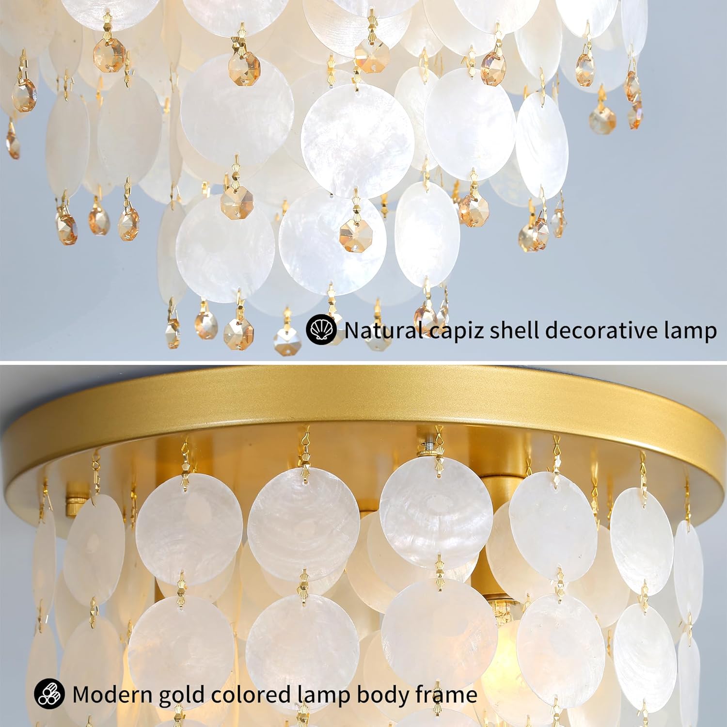 13" Flush Mount Chandelier Natural Capiz Shell Ceiling Light 3 Light Mini Chandelier Gold Crystal Small Hallway Light Fixtures Ceiling for Bedroom Kitchen Island Dinning Room Bulb Included