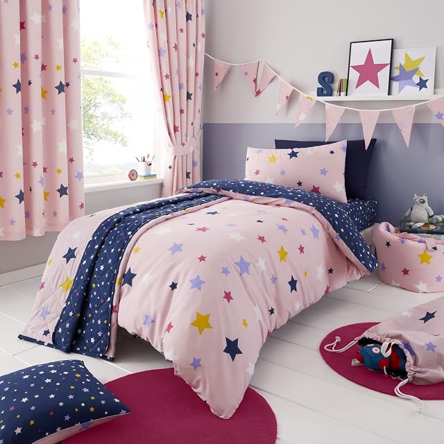 Happy Linen Company Girls Boys Kids Multi Stars Pink Single Reversible Duvet Cover Bedding Set