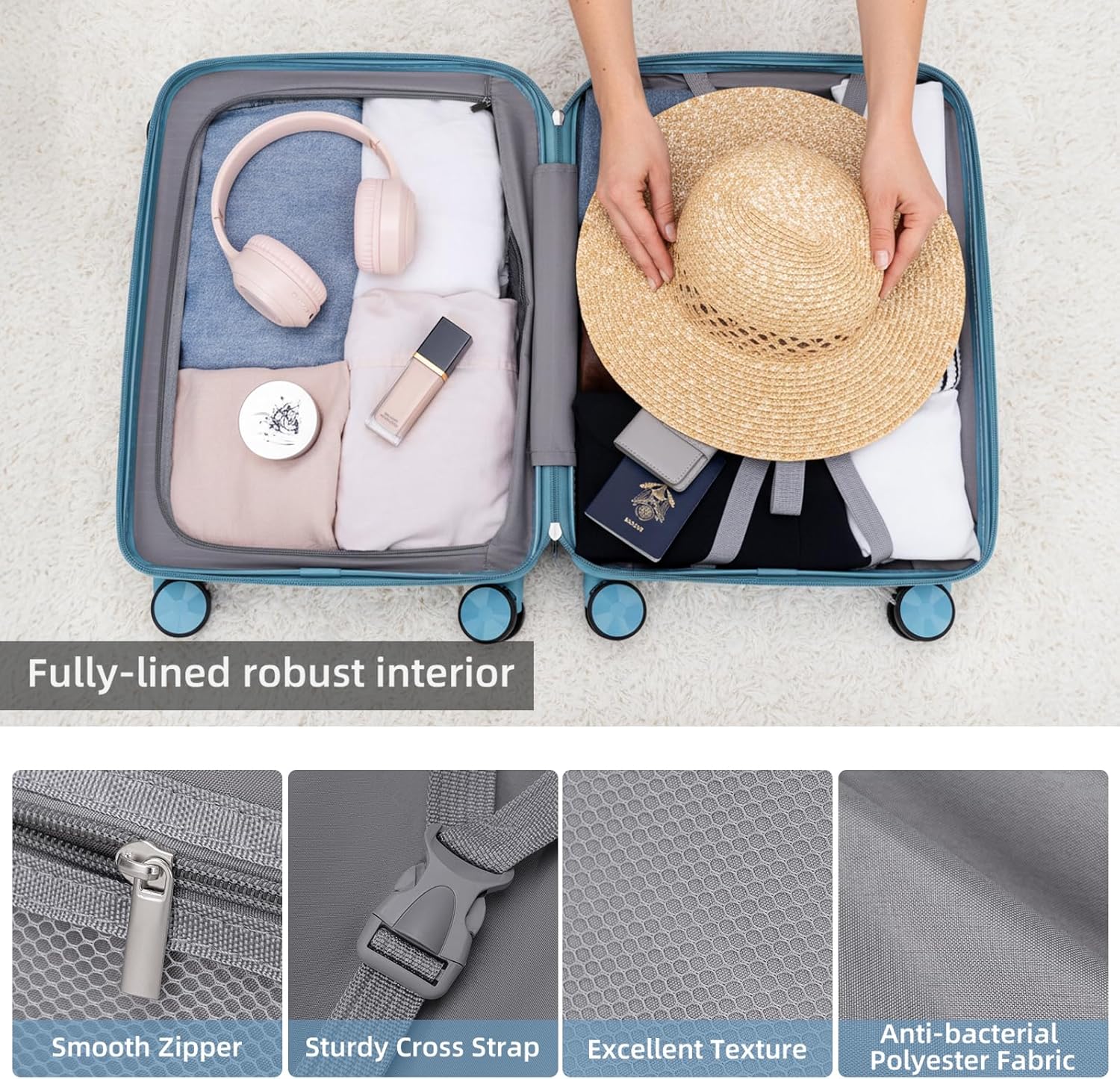 LARVENDER Luggage Sets 3 Piece, Hardside PP Carry On Luggage Suitcase with 360° Spinner Wheels Suitcase Sets for Women Men, Blue