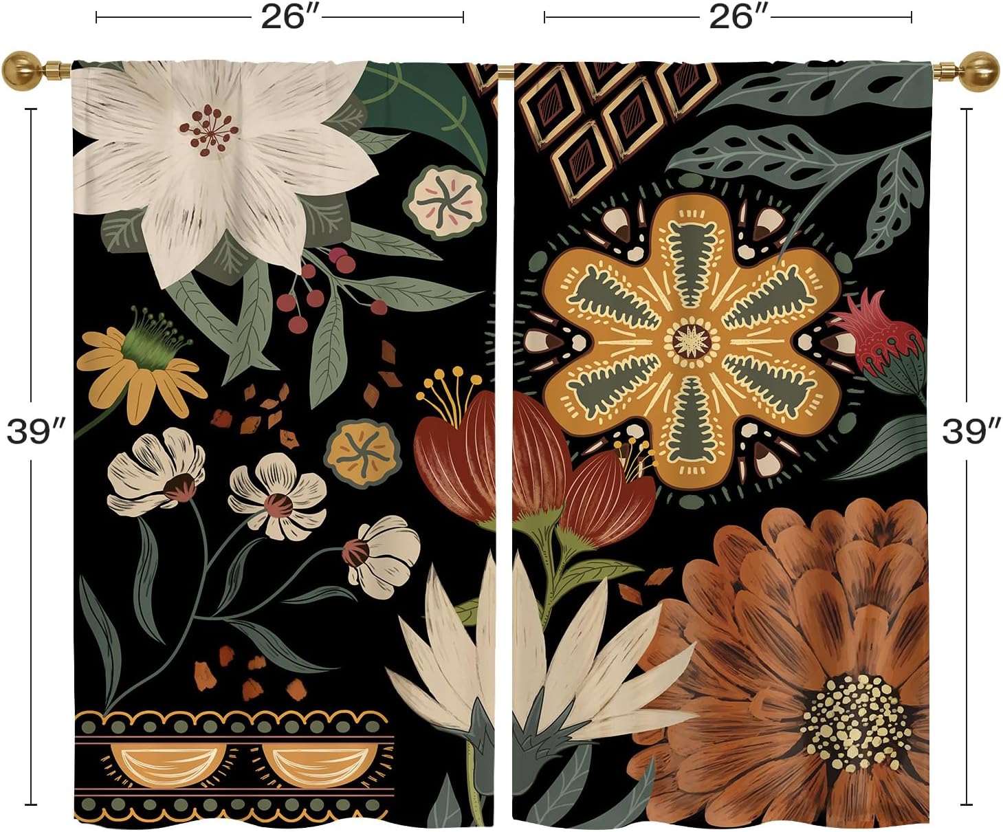 MitoVilla Boho Floral Kitchen Curtains 26’’W x 39’’L and Modern Flower Shower Curtain 72 x 72 Inch for Rustic Vintage Bathroom Decor, 2 Item Bundle