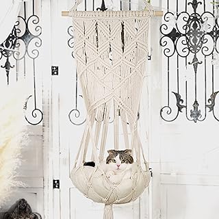 Takisawa Workshop Macrame Cat Hammock - Stylish Hanging Cat Bed with Large Catnip Pillow, Sturdy Mounted Kitty Perch