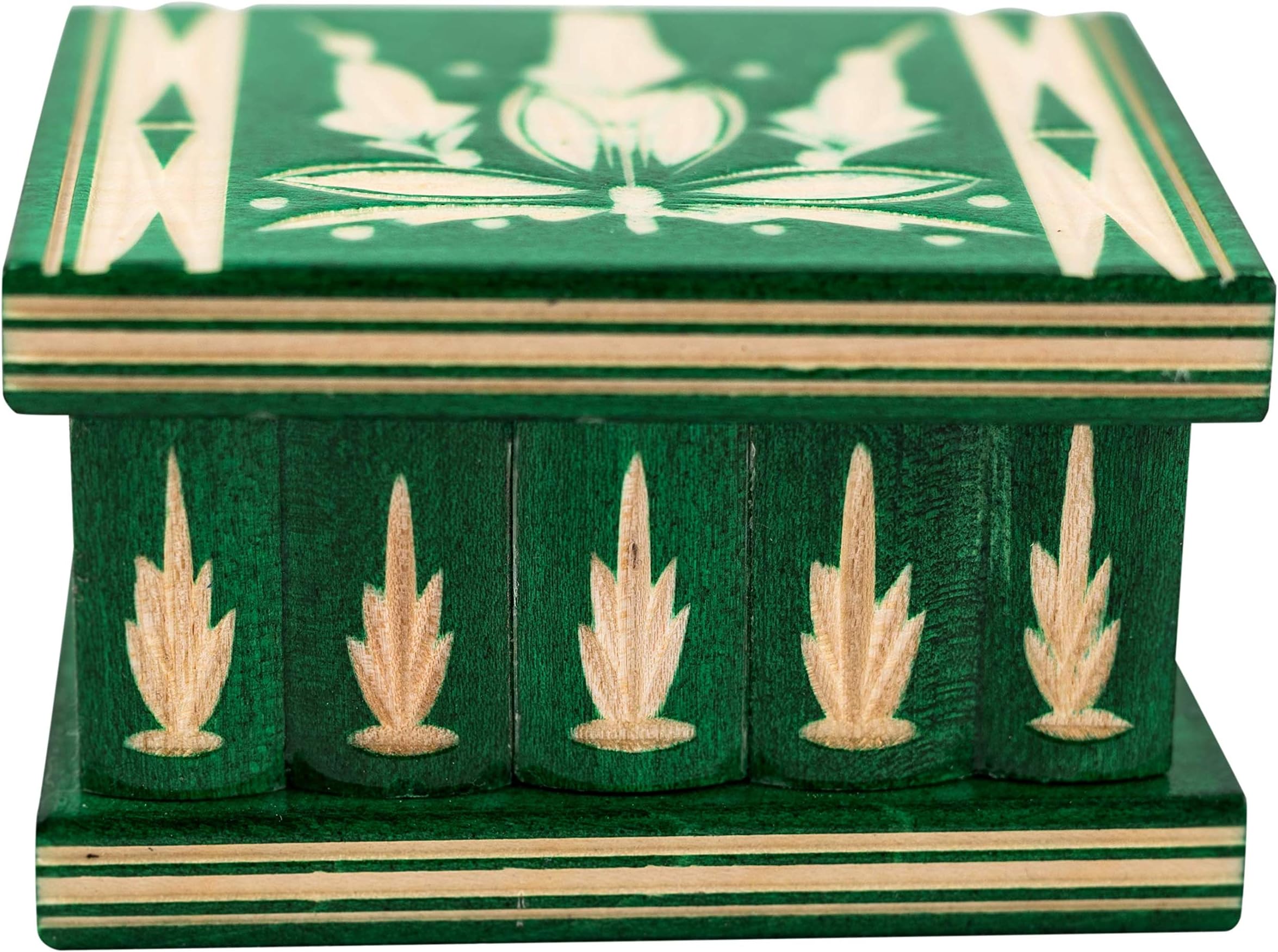 Eastern European Wooden Puzzle Box – Handmade in a Traditional Style – Secret Box with Key – Unique Carvings - Small (Green)