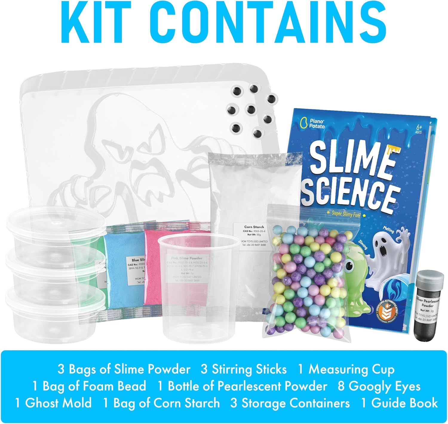 Slime Science Kit for Kids - DIY Slime Making Kit with 3 Colors, Ghost Mold, Foam Beads & Pearlescent Powder - STEM Educational Science Experiment Toy for Boys & Girls Ages 6+