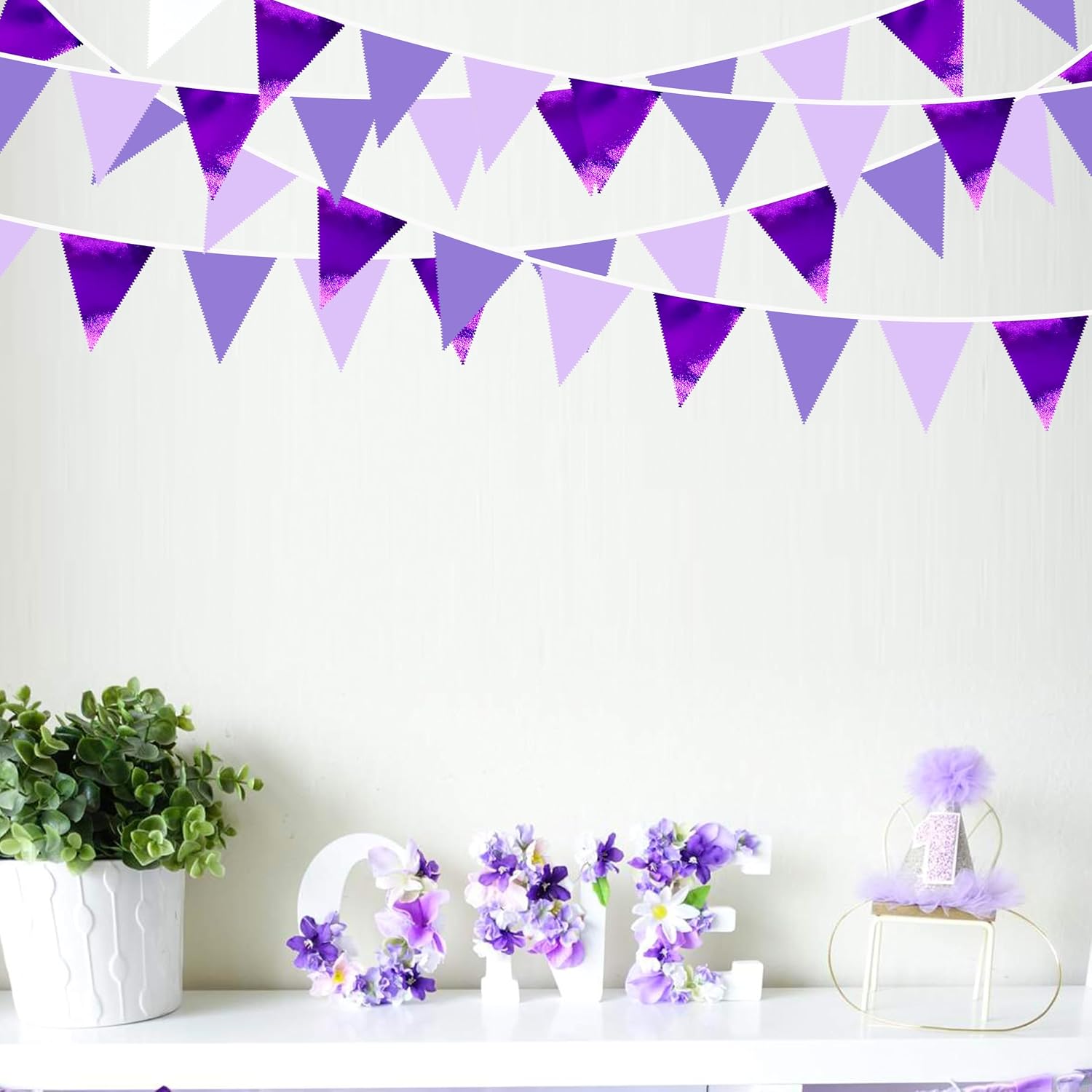 32Ft Purple Party Decorations Metallic Purple Triangle Banner Flag Pennant Fabric Garland Streamers for Lavender Birthday Baby Shower Bachelorette Wedding Violet Graduation Party Decor Supplies