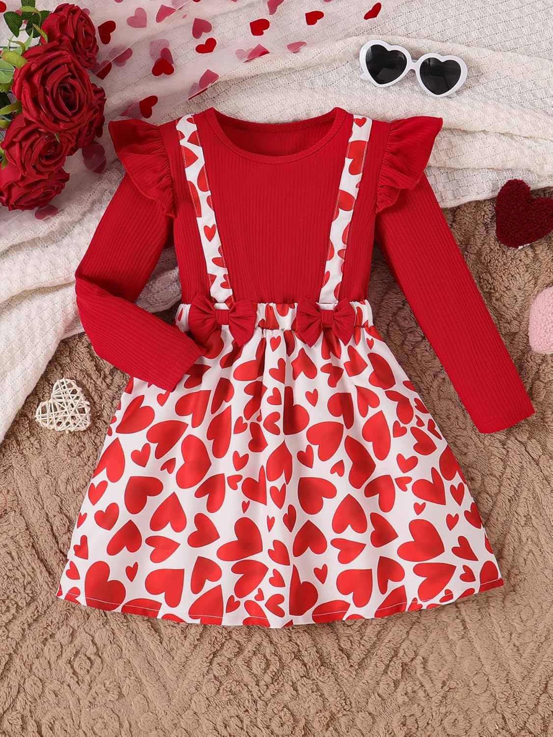 VARMILO Toddler Girls Dresses Long Sleeve A-Line Swing Heart Print Ruffle Sleeve Bowknot Party Valentine's Day Dress - Image 3
