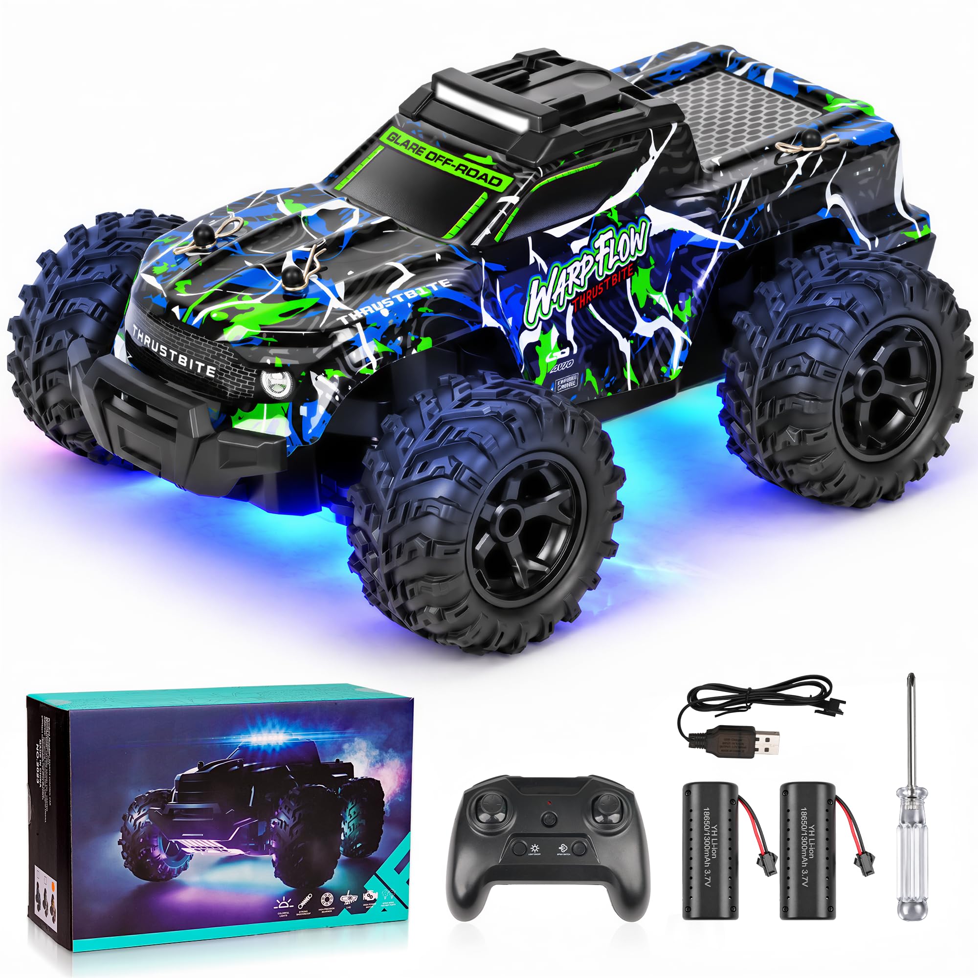 Ferngesteuertes Auto 1:18 RC Auto 25 km/h Hochgeschwindigkeits Offroad Truck mit LED-Licht und Spray, 2,4 GHz All Terrain Spielzeug, 2 Batterien für Jungen ab 3 bis 8 Jahren
