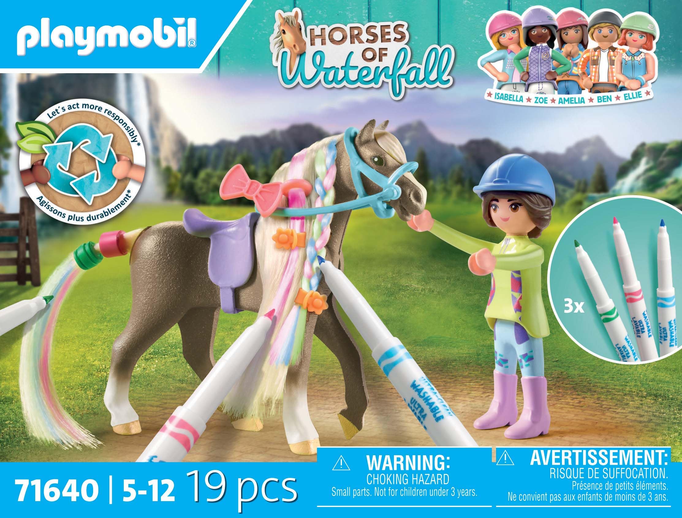 Playmobil 71640 Horses of Waterfall: Washable Horse Set, including a figure, a horse, and three CRAYOLA markers - Image 4