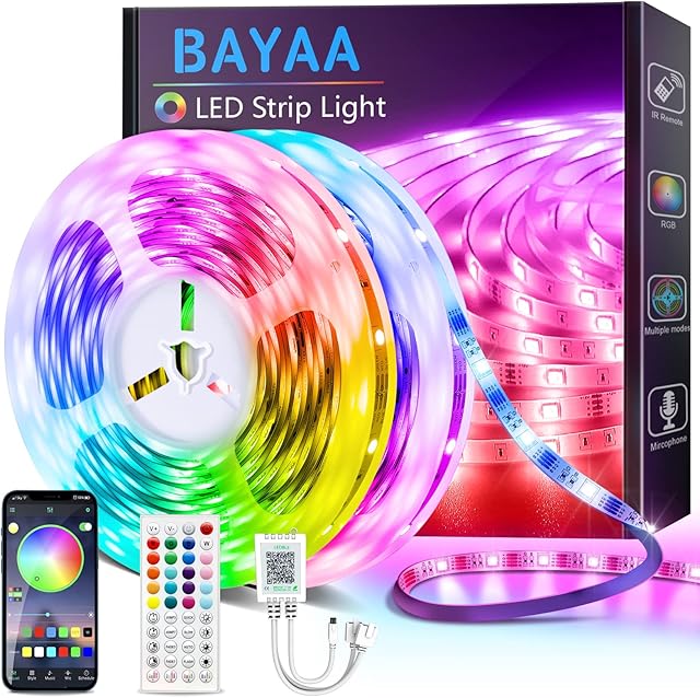 BAYAA 20M LED Strip Lights, RGB 5050 LED Light Strips Bluetooth with APP and Remote Control, 65.6FT Music Sync LED Lighting Color Changing LED Tape Lights for Bedroom, Kitchen, Living Room Decoration