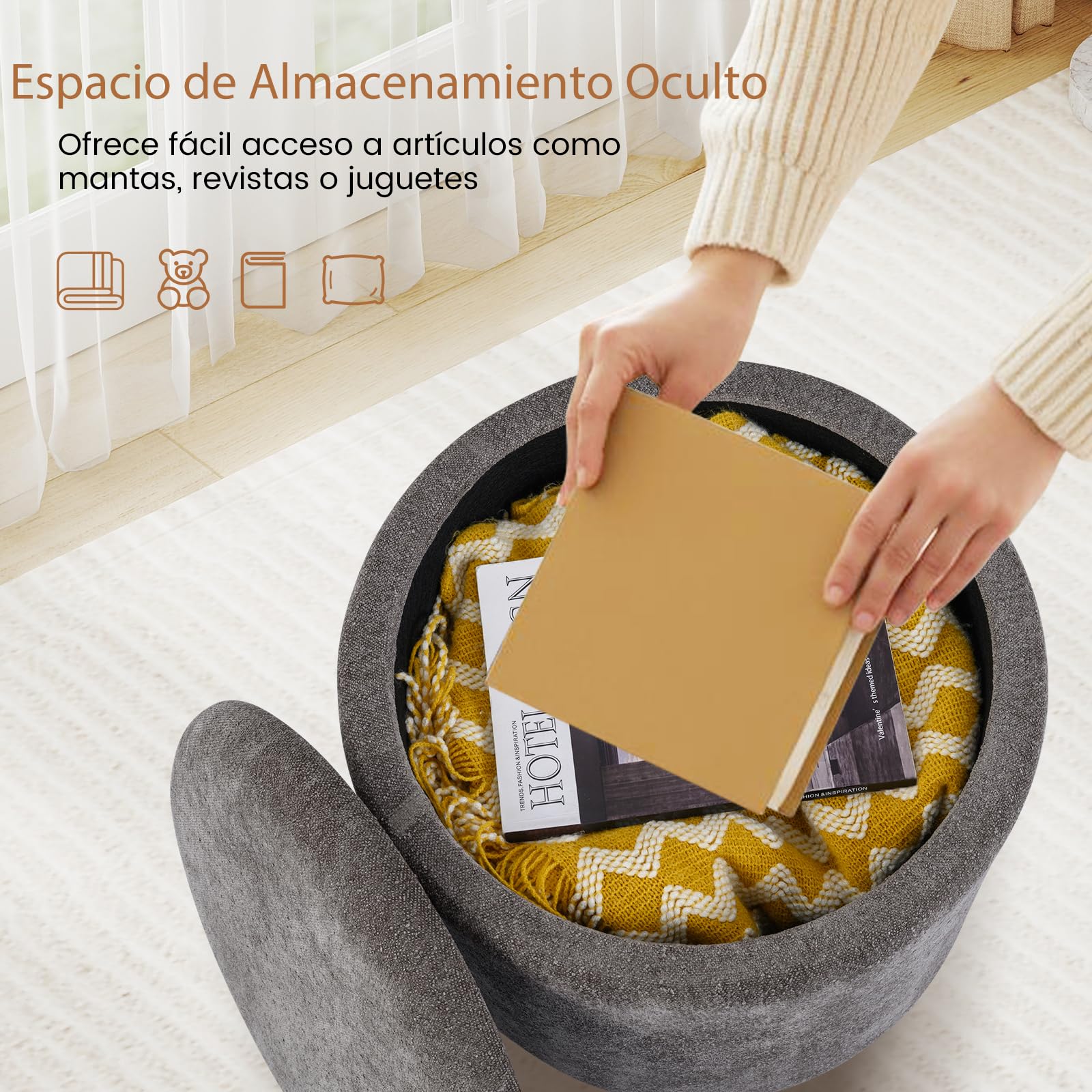 GIANTEX Taburete Redondo Tapizado con Almacenamiento, Puff de Almacenaje Pequeño con Tapa, Patas de Madera de Caucho, Capacidad de 150 kg, Reposapiés para Salón, Entrada, φ44,5 x 44,5 cm (Gris)