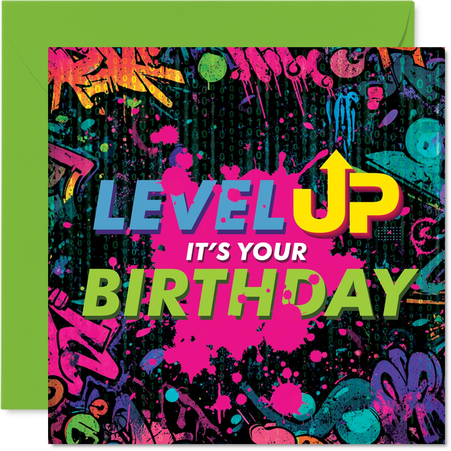 Playful Birthday Card - Level Up Your Day - Vibrant Neon Gaming and Graffiti Design - Energetic Birthday Fun for Gamers - 145mm Square, Envelope Included