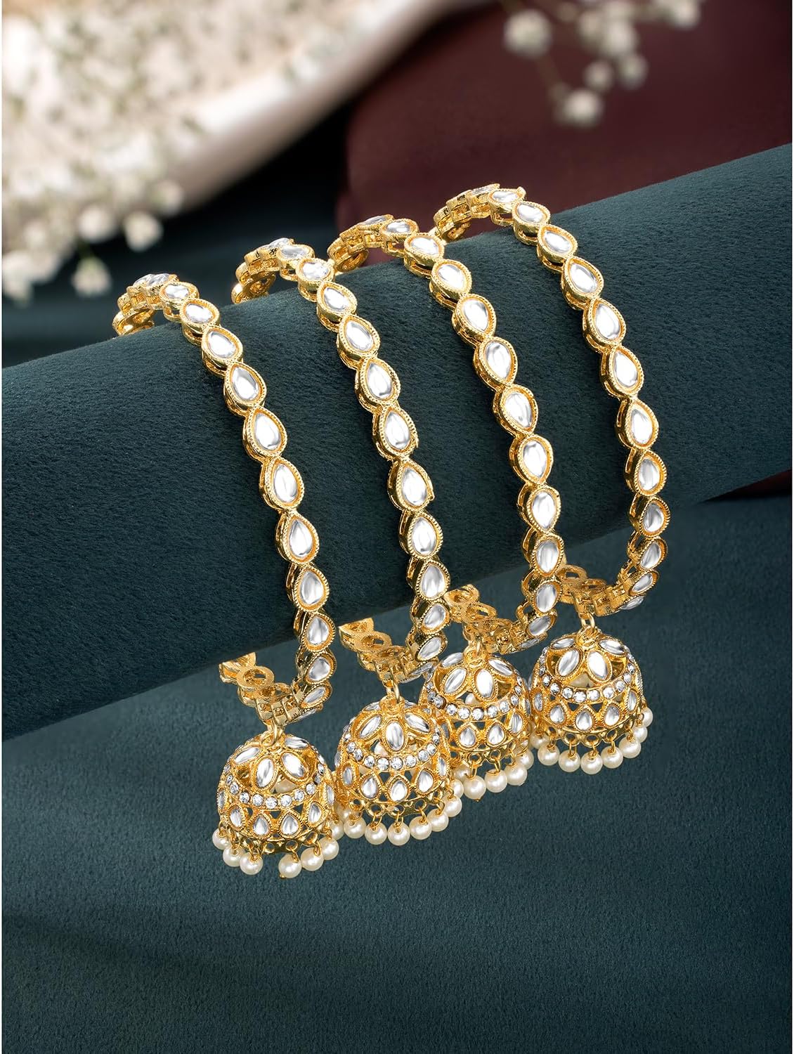 Aheli Gold Plated 2.8 inch Kundan & Beads Studded Bangle with Hanging Jhumka Jhumki Ethnic Jewellery Gift for Women