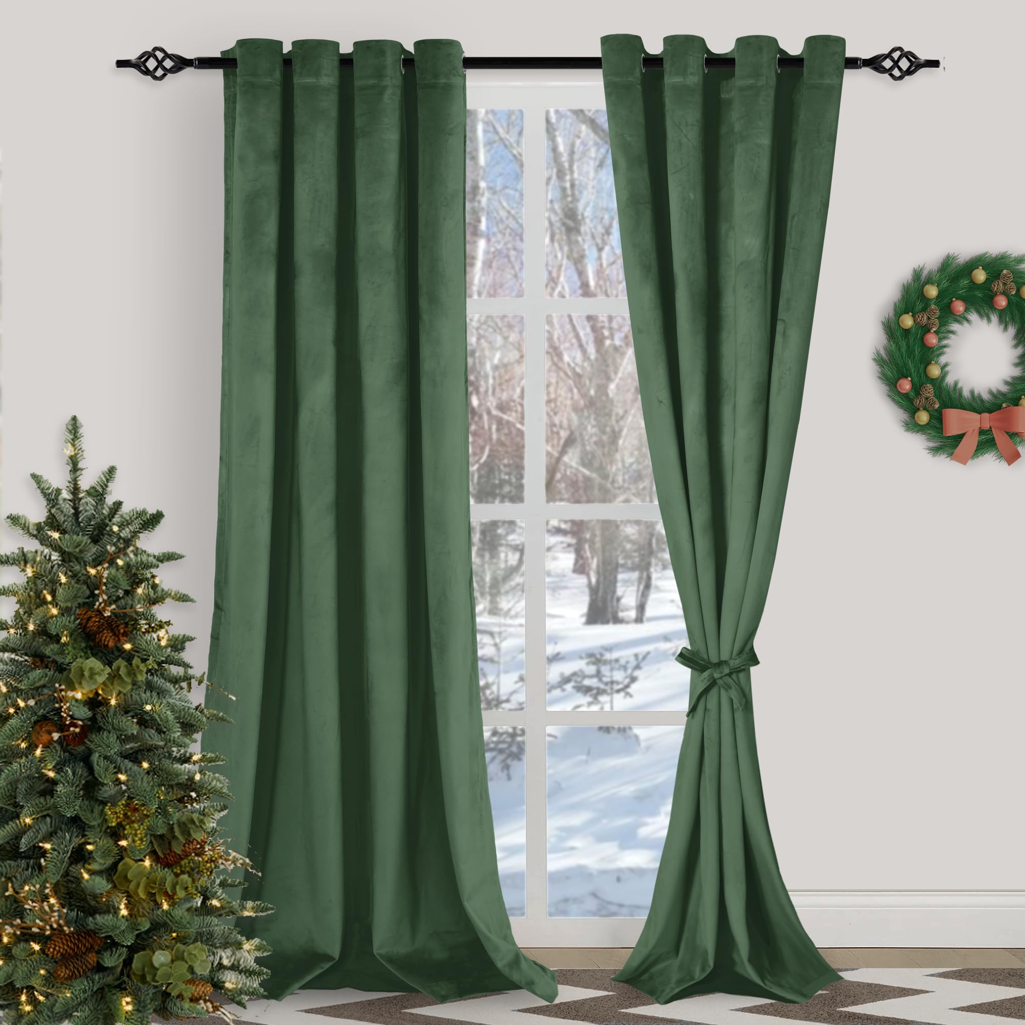 Rideaux occultants en velours vert olive 132x304 isolation thermique salon