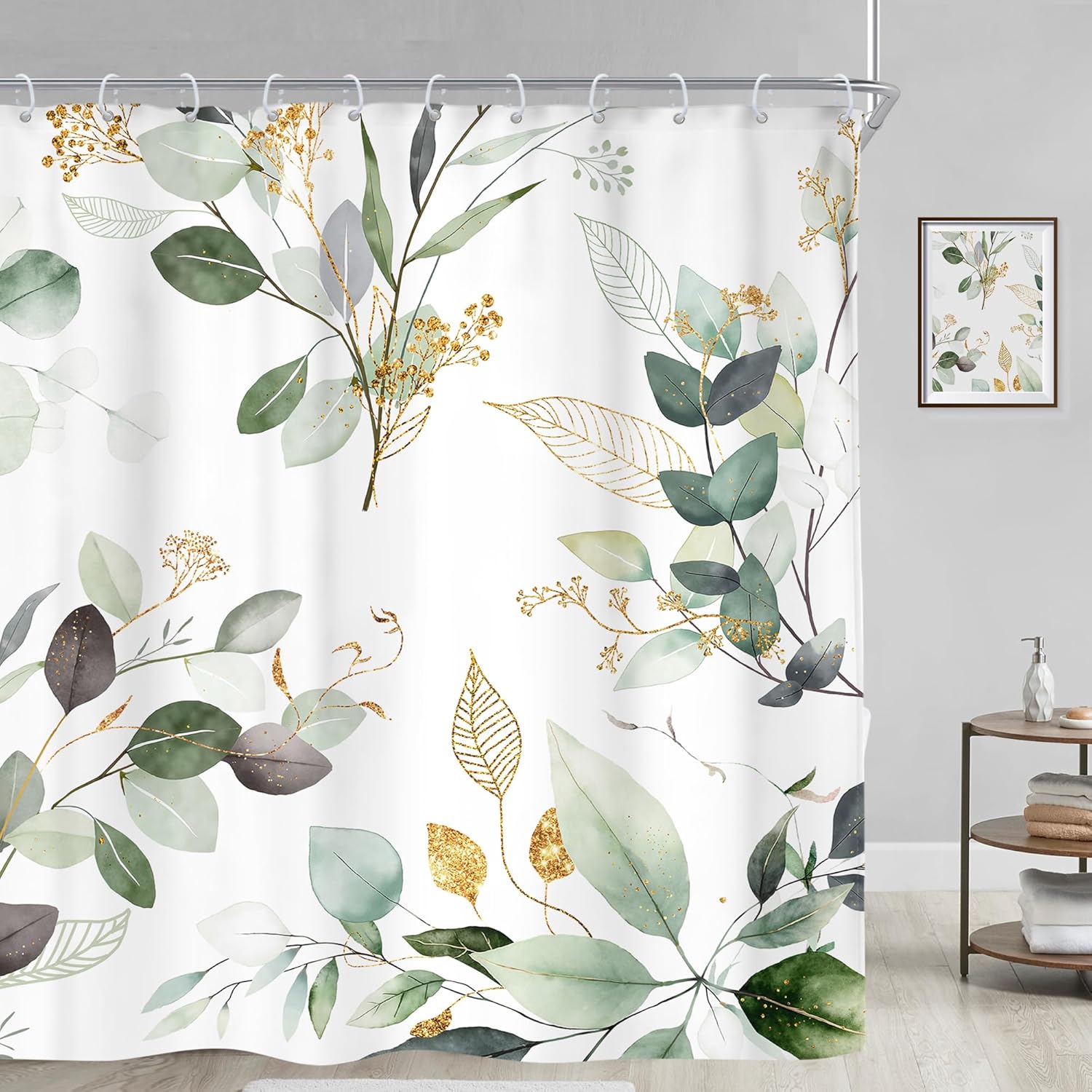 Riyidecor Extra Long Sage Green Shower Curtain 72Wx84H, Eucalyptus Golden Leaf Spring Botanical Bathroom Curtains, Watercolor Farmhouse Shower Curtain Sets with 12 Hooks Ideal for Bathroom Decor