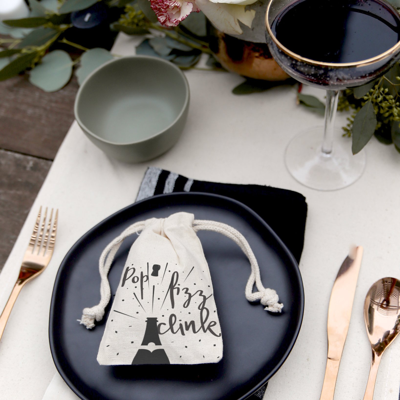 The Cotton & Canvas Co. Pop Fizz Clink! New Year Party Favor Bags, Cookie, Candy and Holiday Treat Bag and Drawstring Pouch, 6-Pack