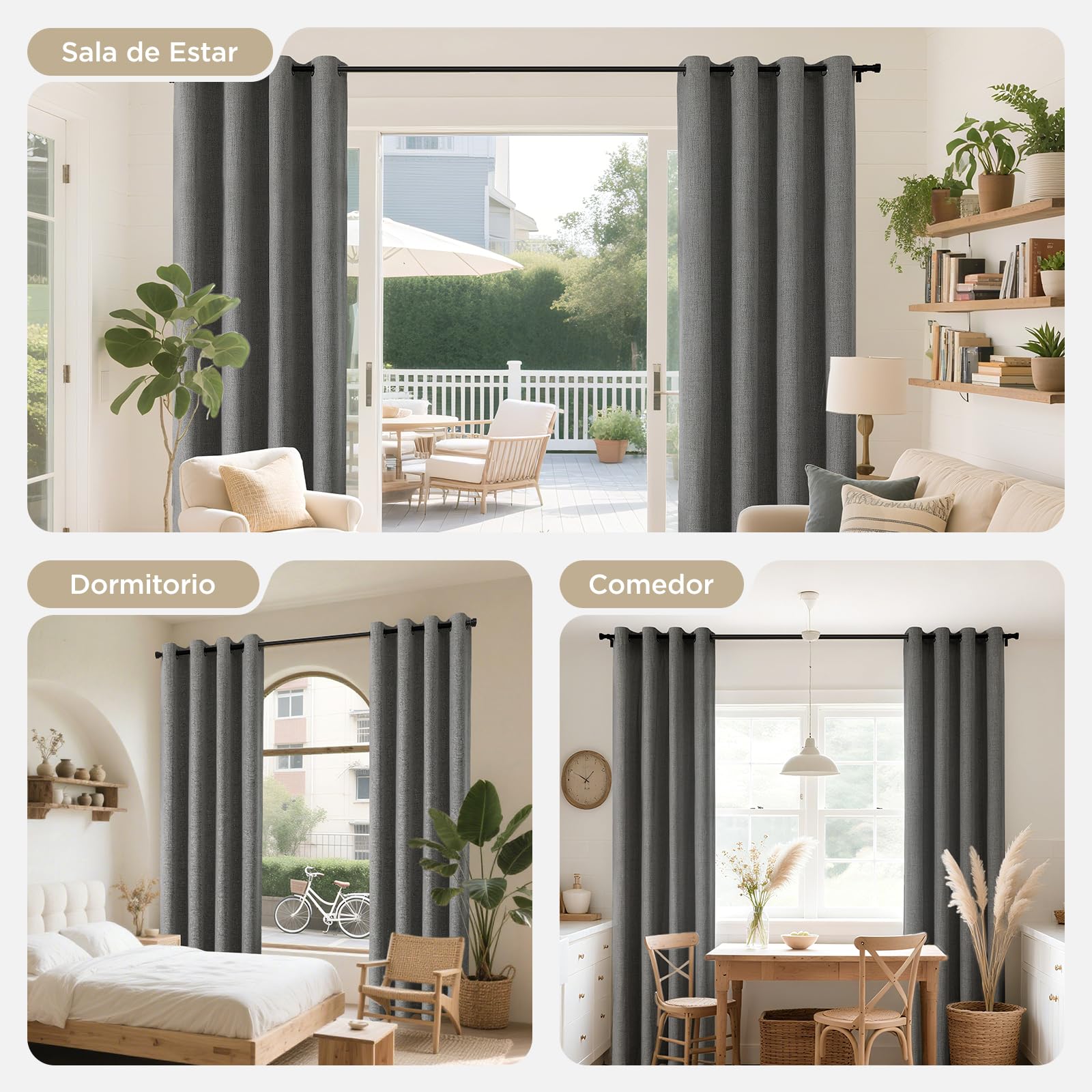 Joydeco 100% Cortinas Opacas 2 Piezas, Lino Cortinas Dormitorio con Ojales Anti Luz Cortina Termica Aislantes Frio y Calor para Salon(Gris, 2x140x175cm)