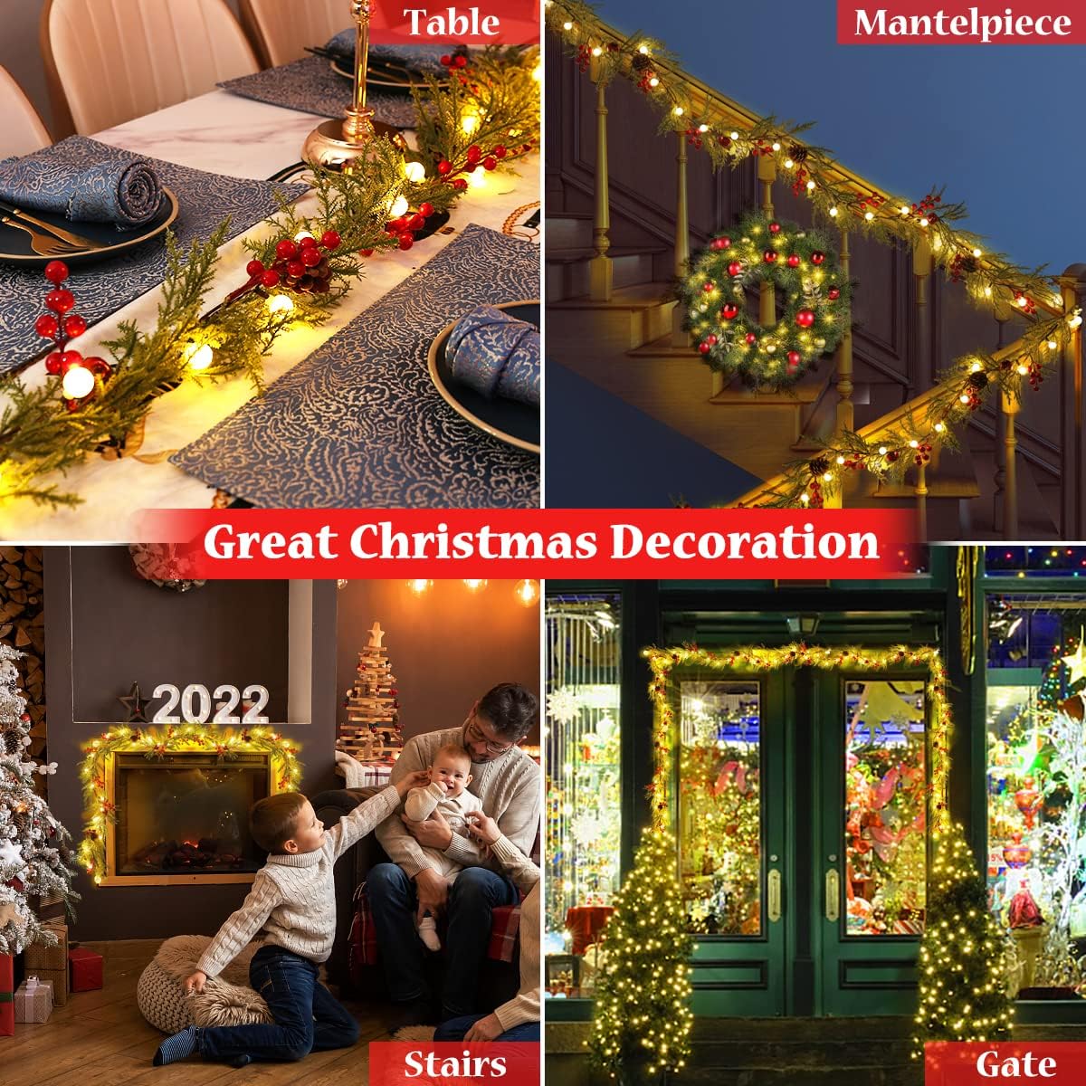 Quntis Christmas Garland with 20 Globe Lights, 2 Pack 5.7FT Artificial Red Berry Garland Christmas Decorations PineCones Bells, Lighted Garland for Mantel Door Fireplace Table Holiday Indoor Outdoor