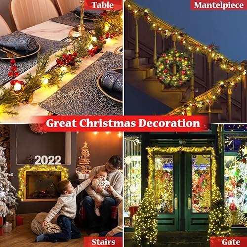 Miniatura 6 de Quntis Guirnalda de Navidad con 20 luces de globo, paquete de 2 guirnaldas artificiales de bayas rojas de 5.7 pies, decoraciones de Navidad,