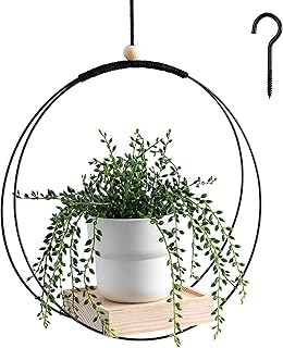 Hanging Planters Shelf with Wooden Base, Boho Style Potted Plant Holder for Home Ceiling Wall Window Room Indoor Outdoor (...