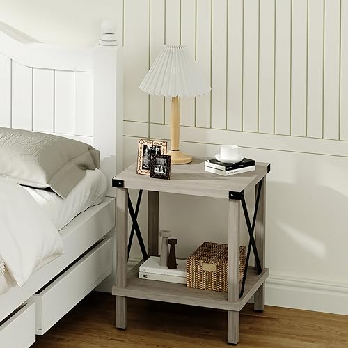 Miniatura 7 de MLBZ16Z - Mesa auxiliar grande de estilo industrial, mesa auxiliar de madera con acento en X de metal con estante de almacenamiento para sala de