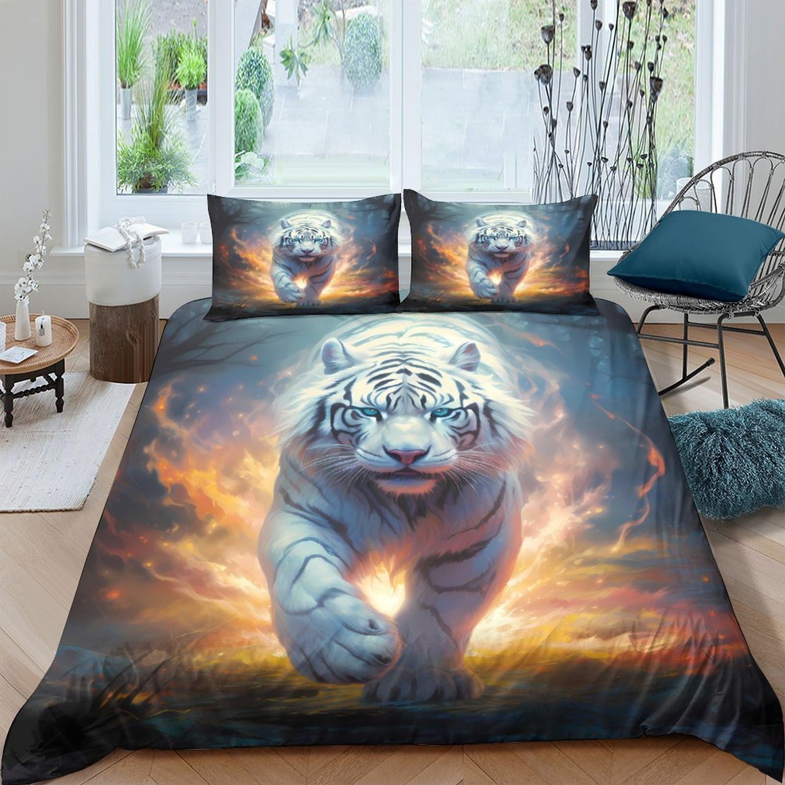 Ctjqhvkz Style-2 3D Printed White Tiger Fitted Sheet Microfiber Soft Breathable Sunset Fire Bed Cover For Bedroom Dorm Mattress Decor Single（135X200cm）